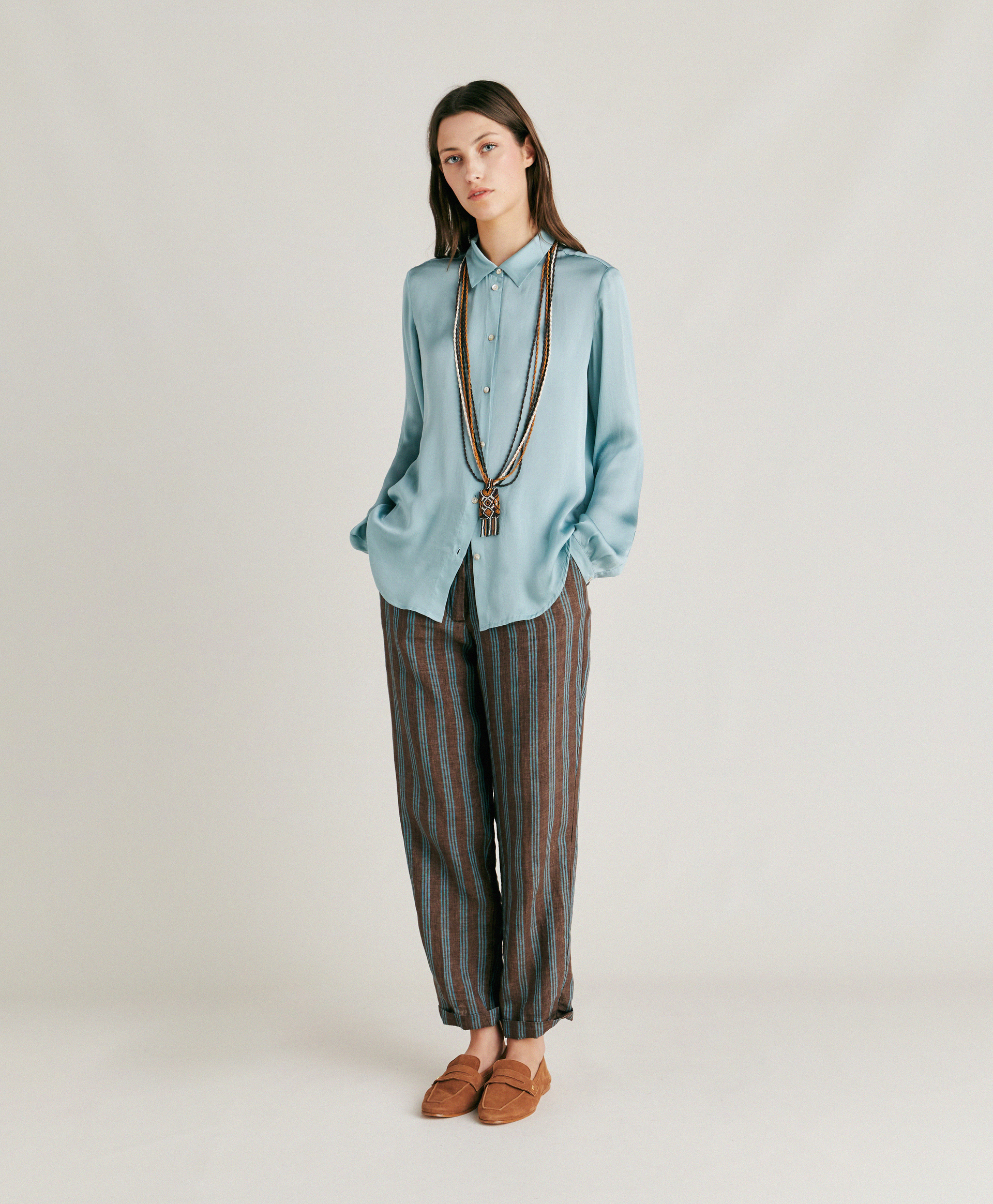 MATTHIEU PANT IN STRIPED LINEN - BROWN/AQUA - Momonì
