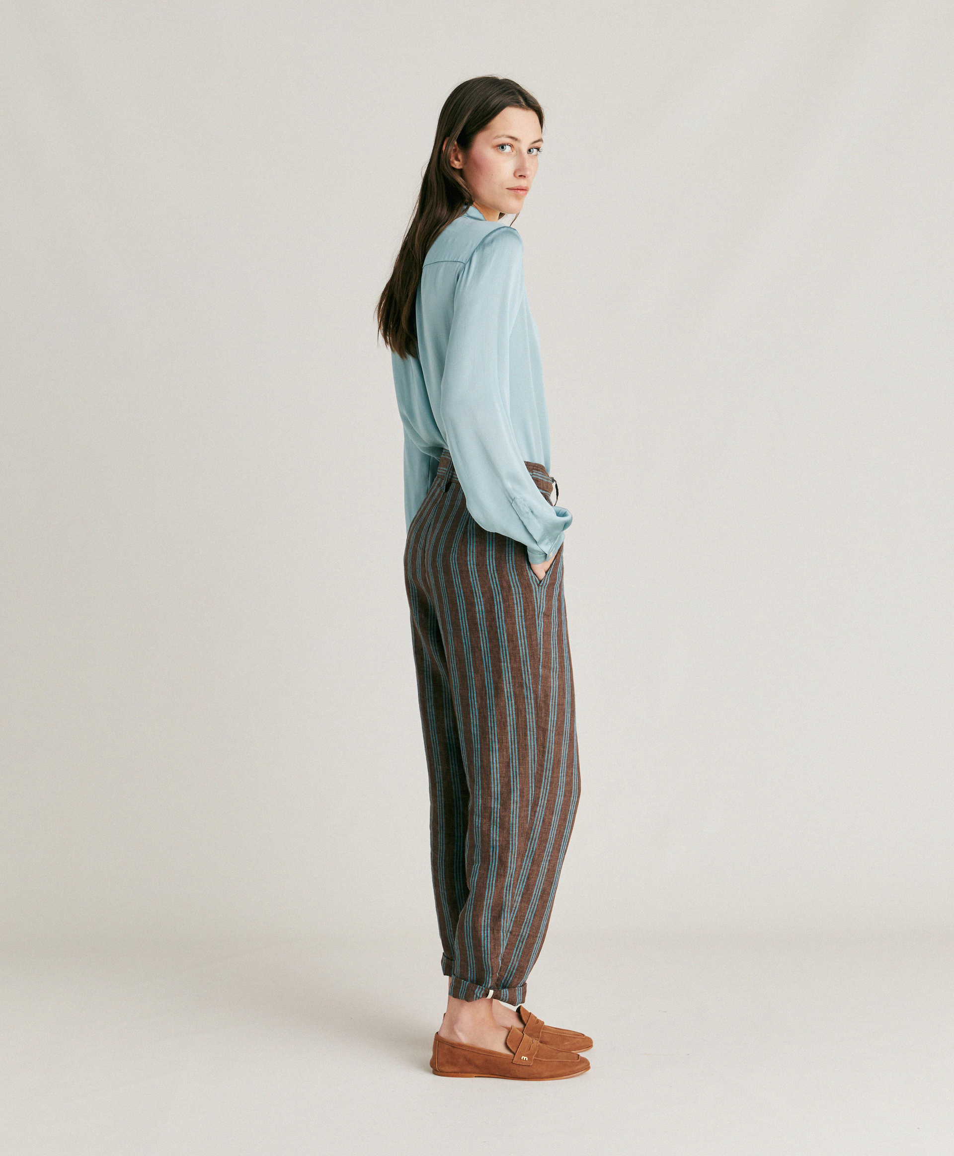 MATTHIEU PANT IN STRIPED LINEN - BROWN/AQUA - Momonì