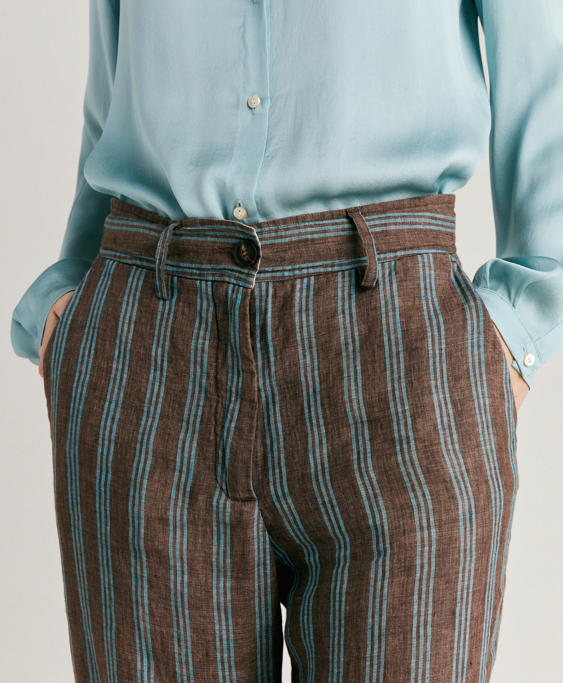 MATTHIEU PANT IN STRIPED LINEN - BROWN/AQUA - Momonì