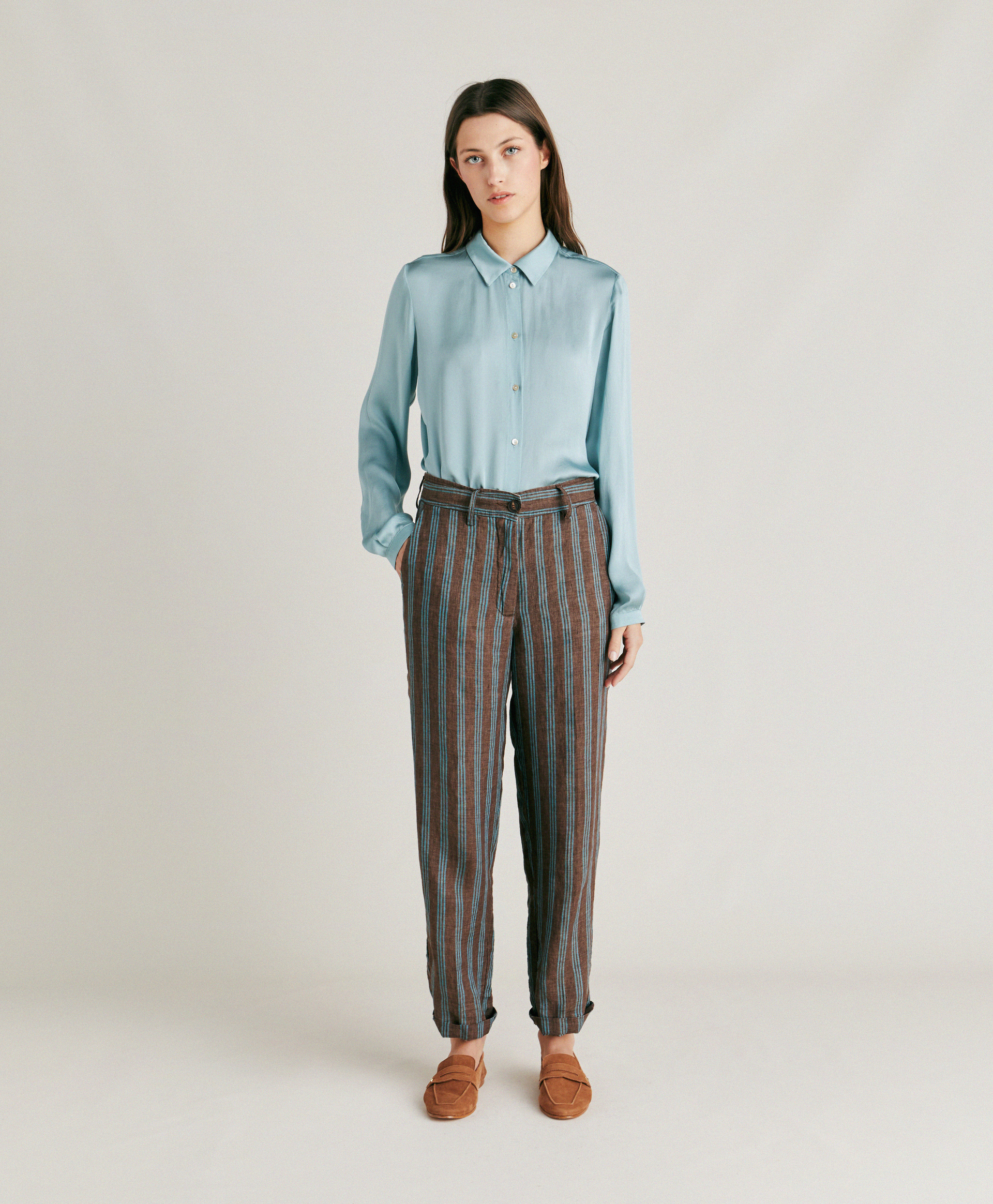 MATTHIEU PANT IN STRIPED LINEN - BROWN/AQUA - Momonì