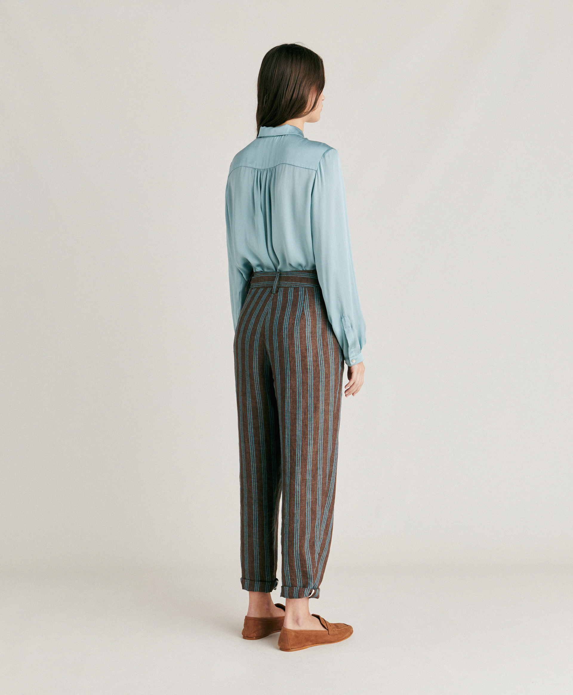 MATTHIEU PANT IN STRIPED LINEN - BROWN/AQUA - Momonì
