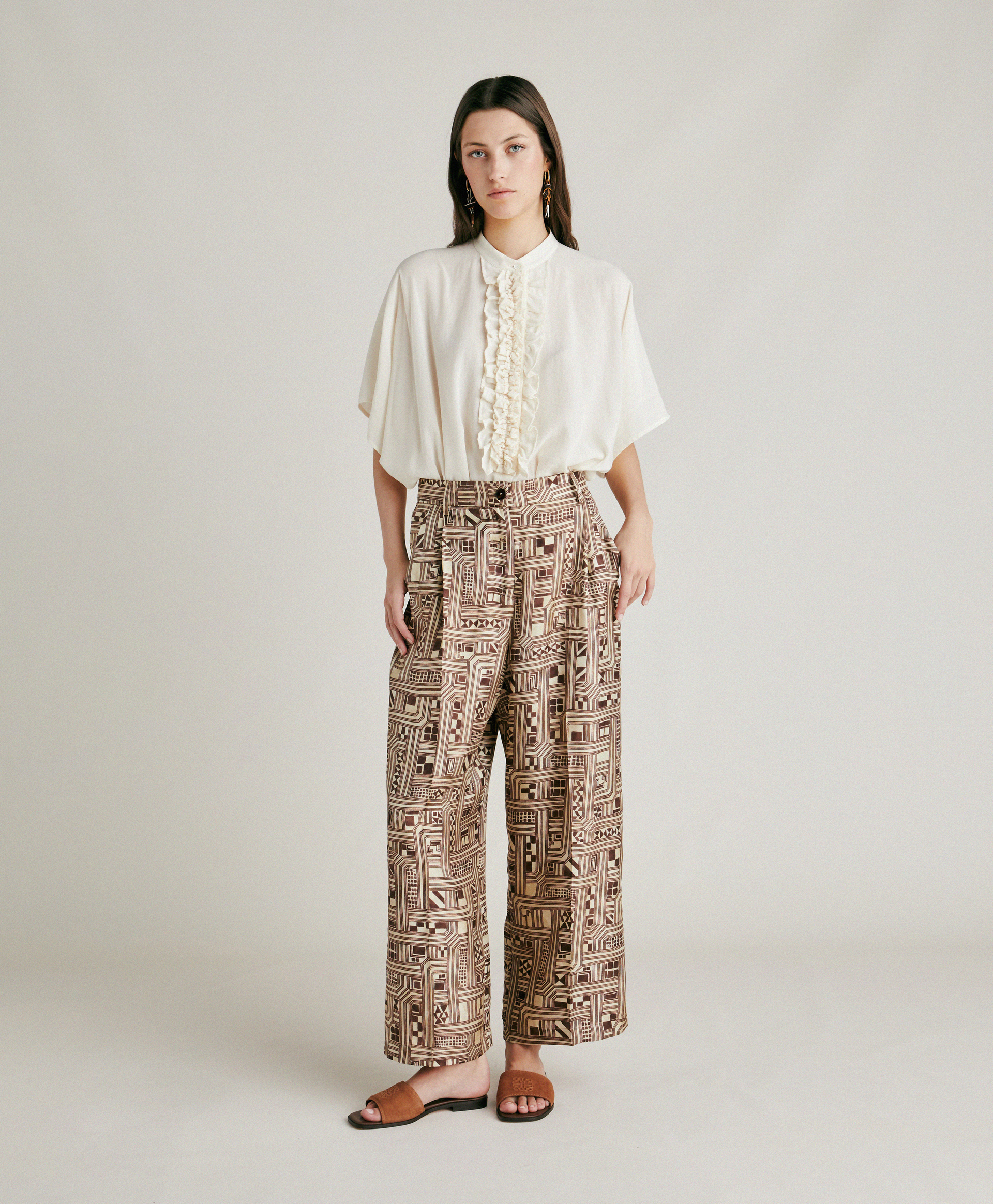 MAGNISI PANT IN SILK TWILL - BEIGE/TOBACCO - Momonì