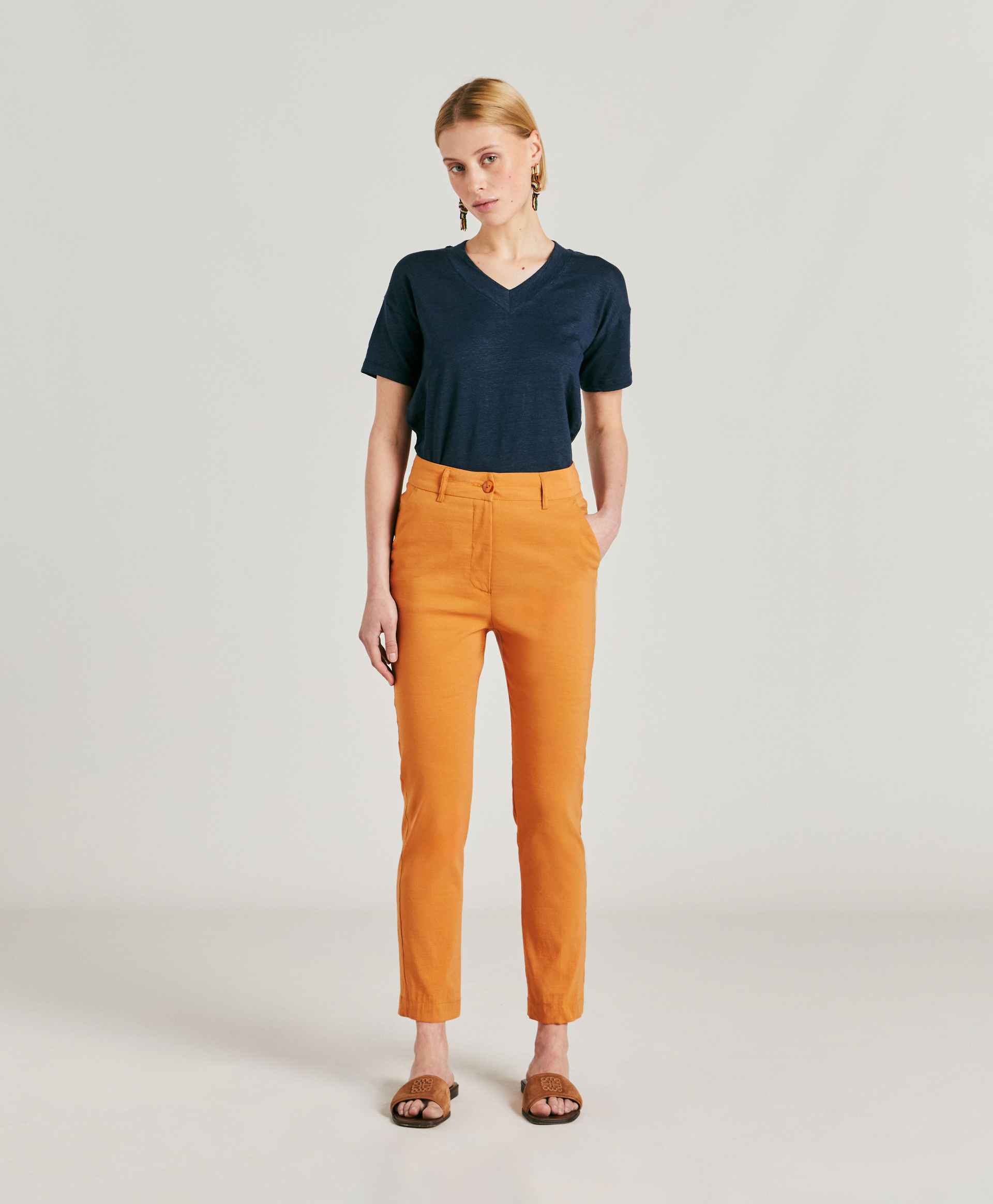 PANTALON LYON EN LIN COTON - PAPAYA - Momonì