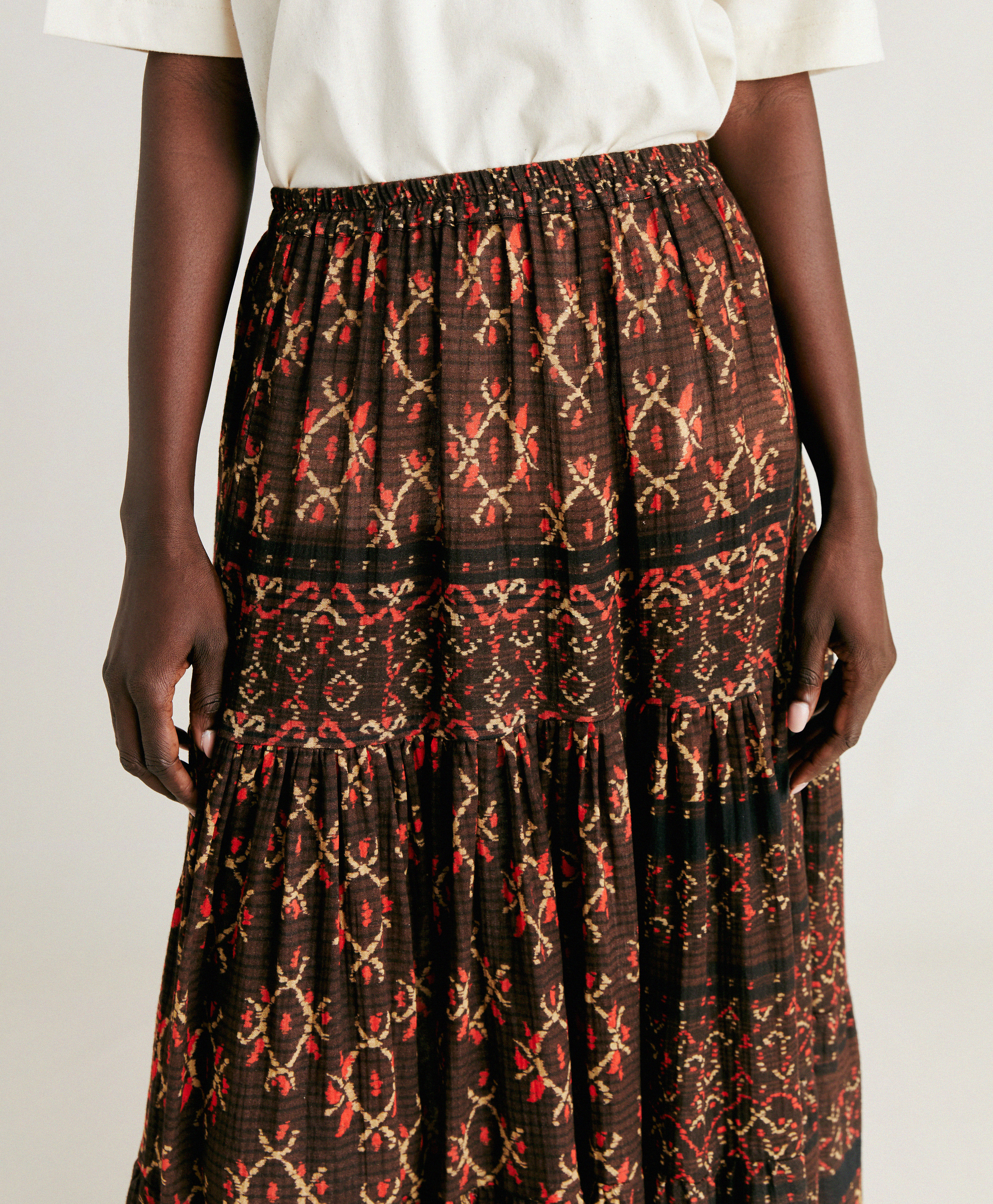 YASMINE SKIRT IN GAUZE - CHOCOLATE/RED - Clothing - Momonì