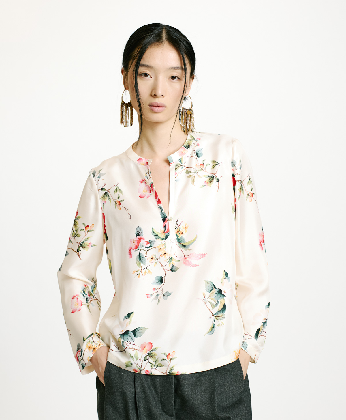 BLUSA KOKE IN TWILL DI SETA STAMPATO-CREMA/ROSSO - Momonì