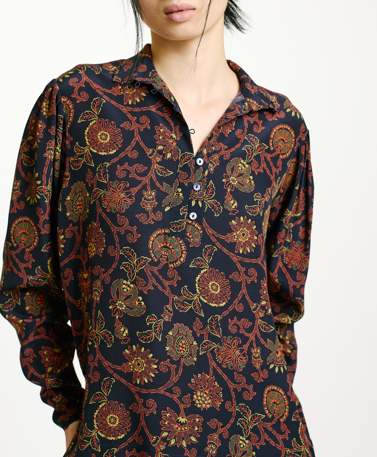 NAGISO BLOUSE IN PRINTED CREPE DE CHINE - BLUE/ORANGE - Momonì