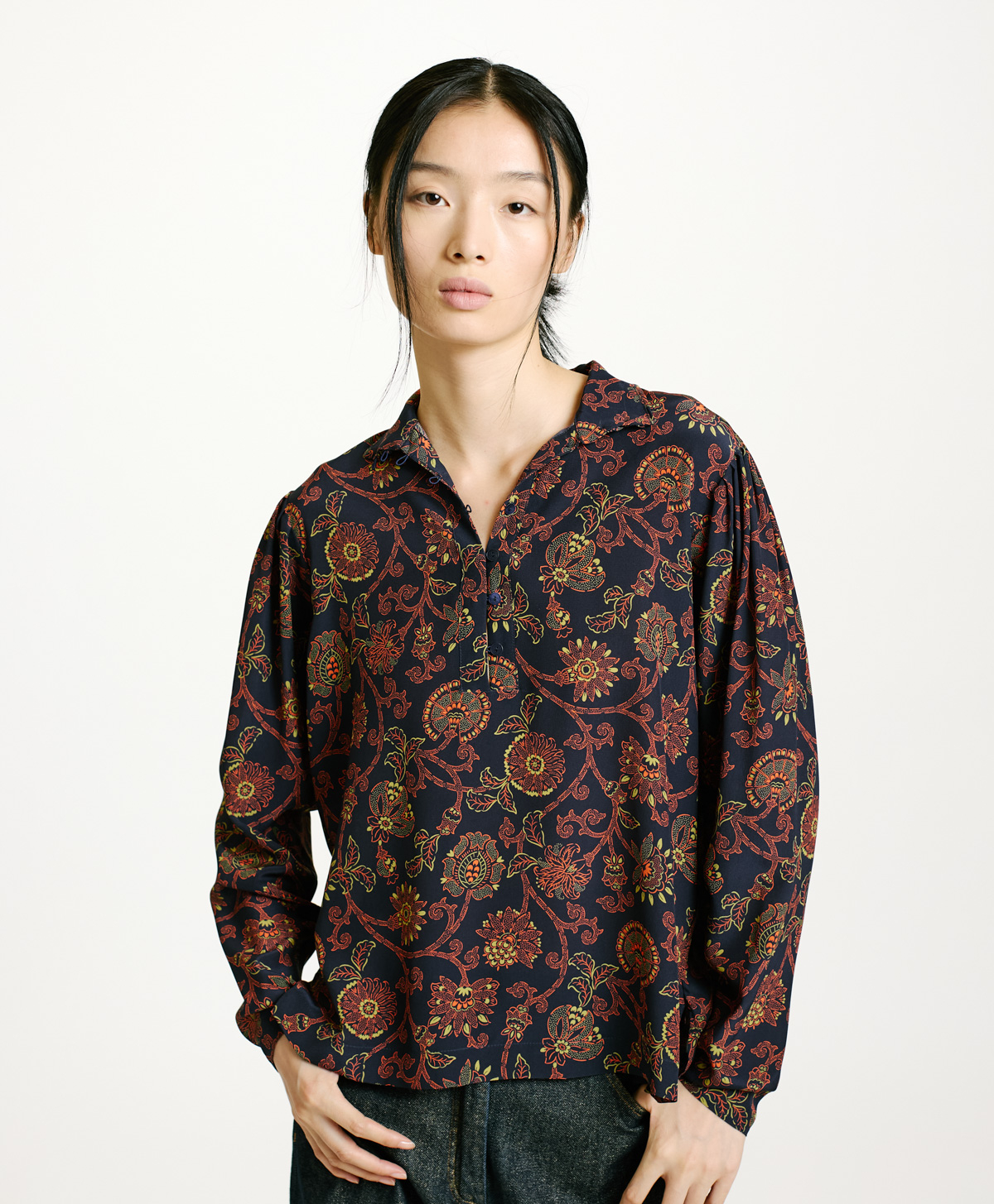 NAGISO BLOUSE IN PRINTED CREPE DE CHINE - BLUE/ORANGE - Momonì