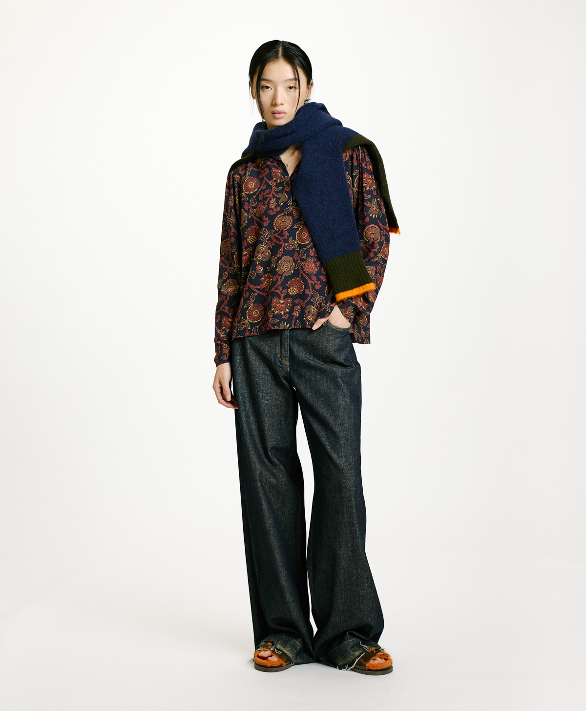 NAGISO BLOUSE IN PRINTED CREPE DE CHINE - BLUE/ORANGE - Momonì