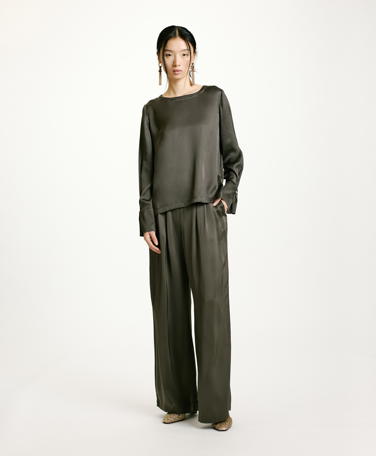 KENTA BLOUSE IN WASHED SILK - MILITARY GREEN - Momonì