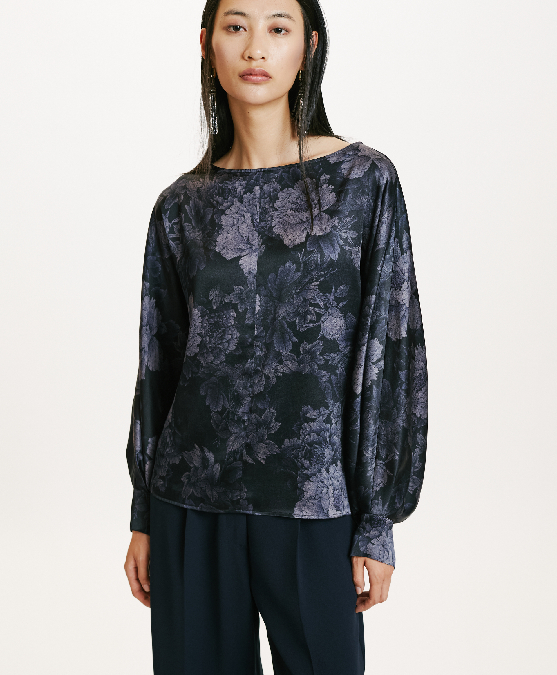 SAGI BLOUSE IN PRINTED STRETCH SATIN - BLUE/BLU NIGHT - Momonì