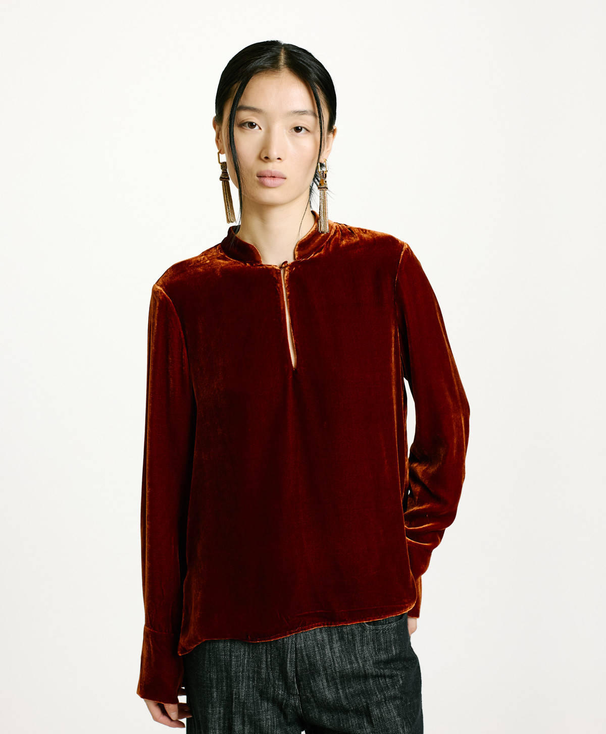 AISU BLOUSE IN SMOOTH SILK BLEND VELVET - RUST - Momonì