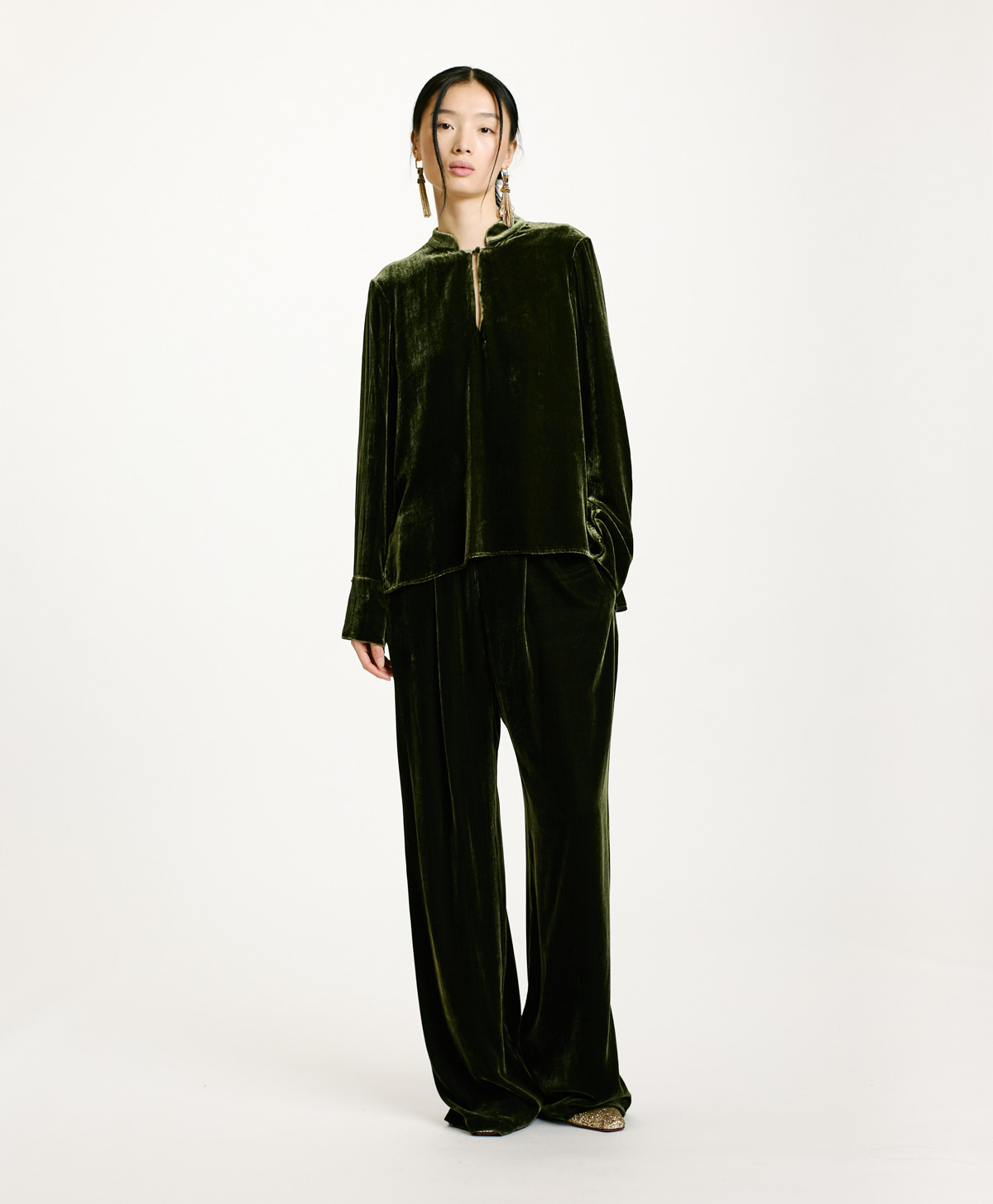 BLUSA AISU IN VELLUTO MISTO SETA LISCIO-VERDE MATCHA - Momonì