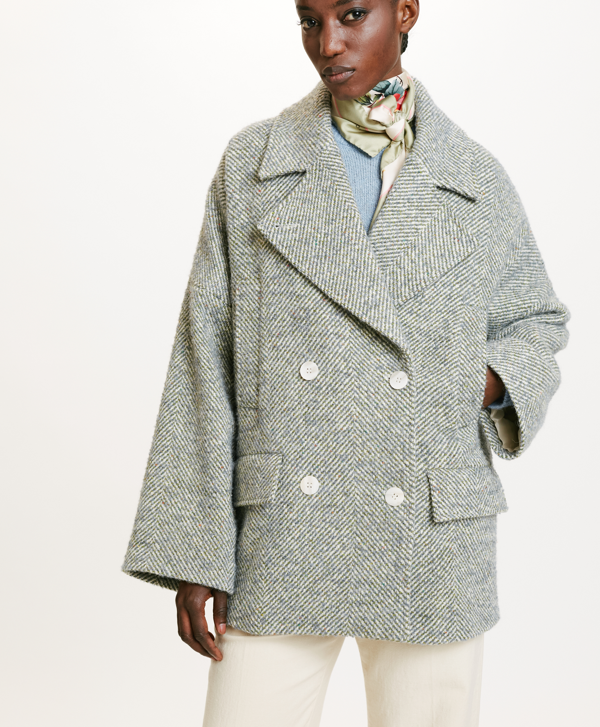 MANTEAU ICHIKA BIS EN CHEVRON BICOLORE - CÉRULÉEN MULTICOLORE - Momonì