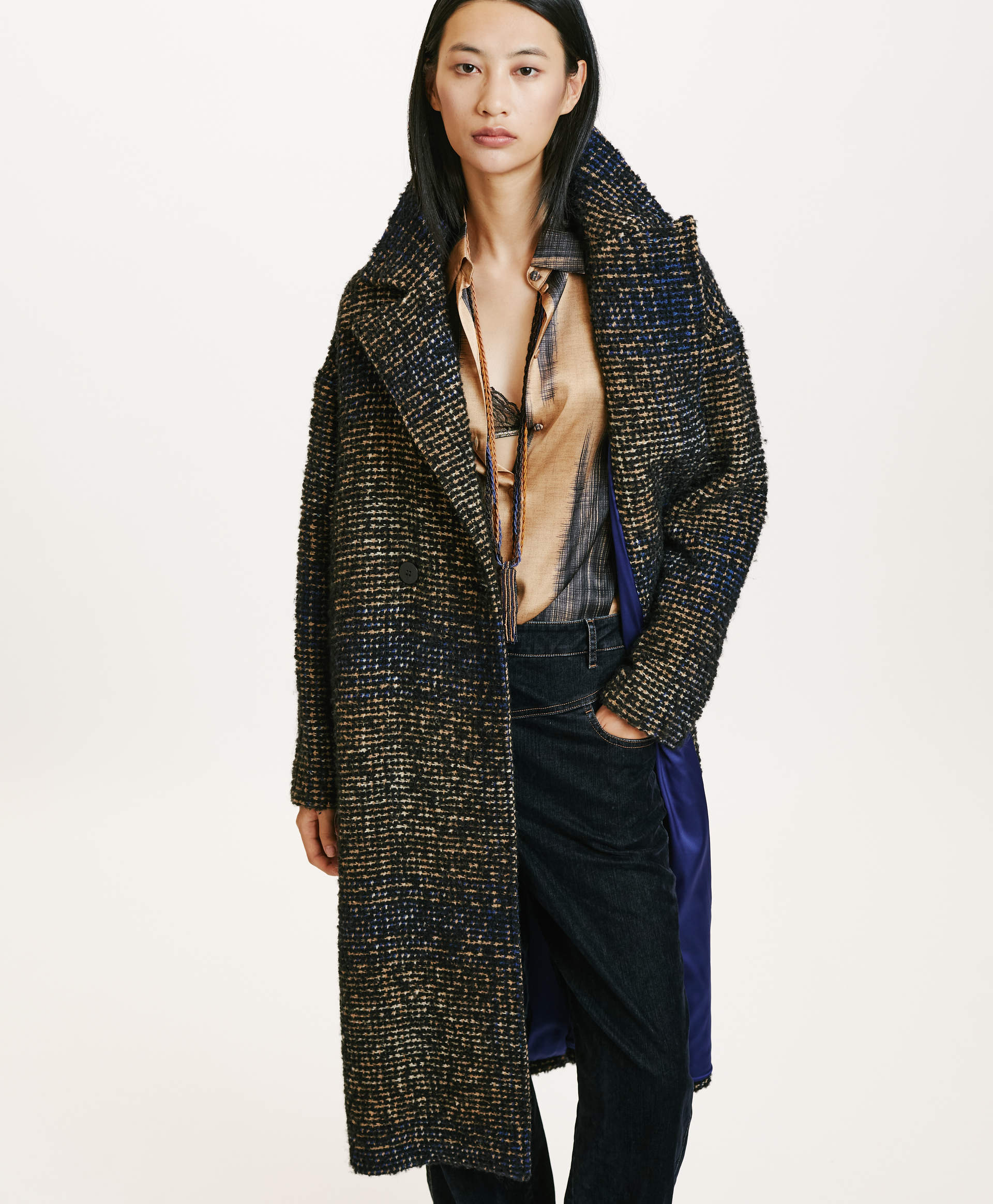 FONTAINEBLEAU COAT IN CHECK BOUCLE - BLACK/BLUE - Momonì