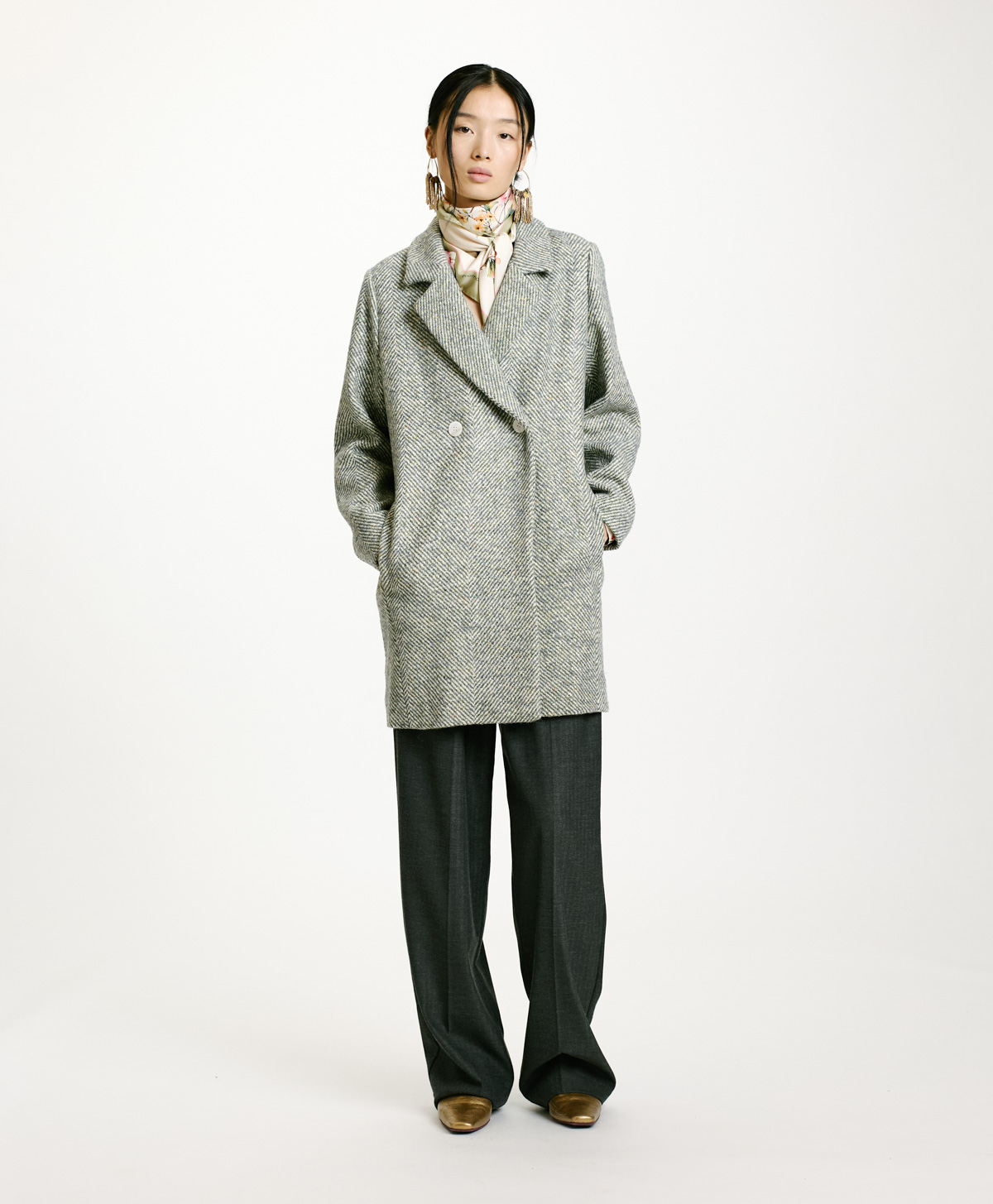 SHIBA COAT IN TWO-TONE CHEVRON ALPACA - CERULEAN MULTICOLOR - Momonì