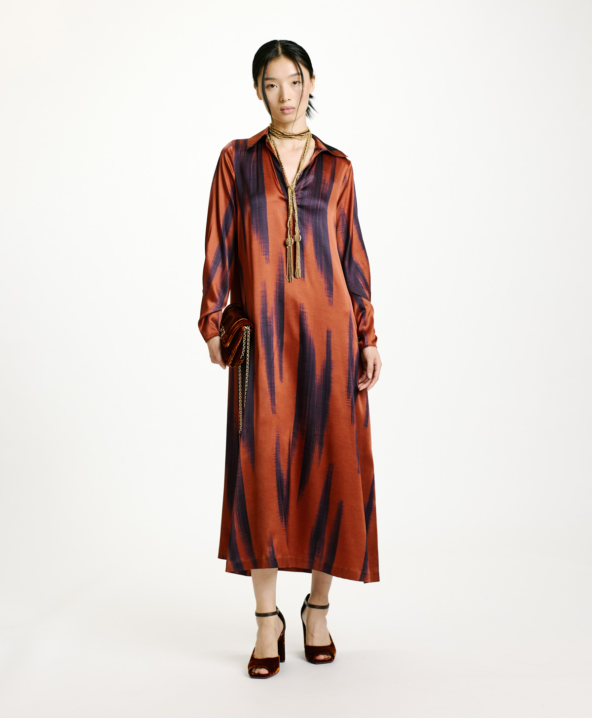 ROBE KIKYO EN SATIN STRETCH IMPRIMÉ - ROUILLE/ENCRE - Momonì