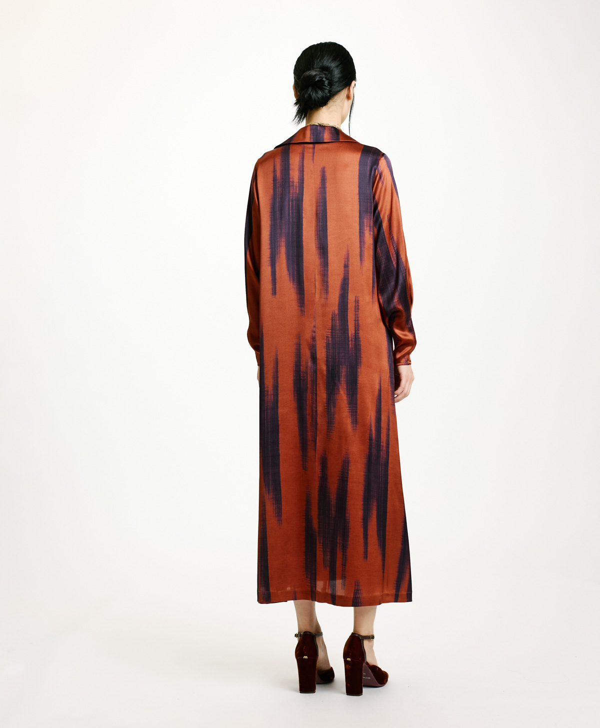 ROBE KIKYO EN SATIN STRETCH IMPRIMÉ - ROUILLE/ENCRE - Momonì