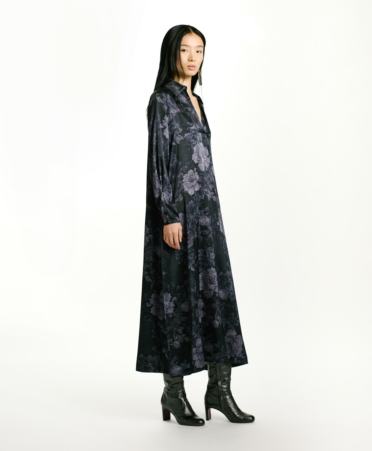 KIKYO DRESS IN PRINTED STRETCH SATIN - BLUE/BLU NIGHT - Momonì