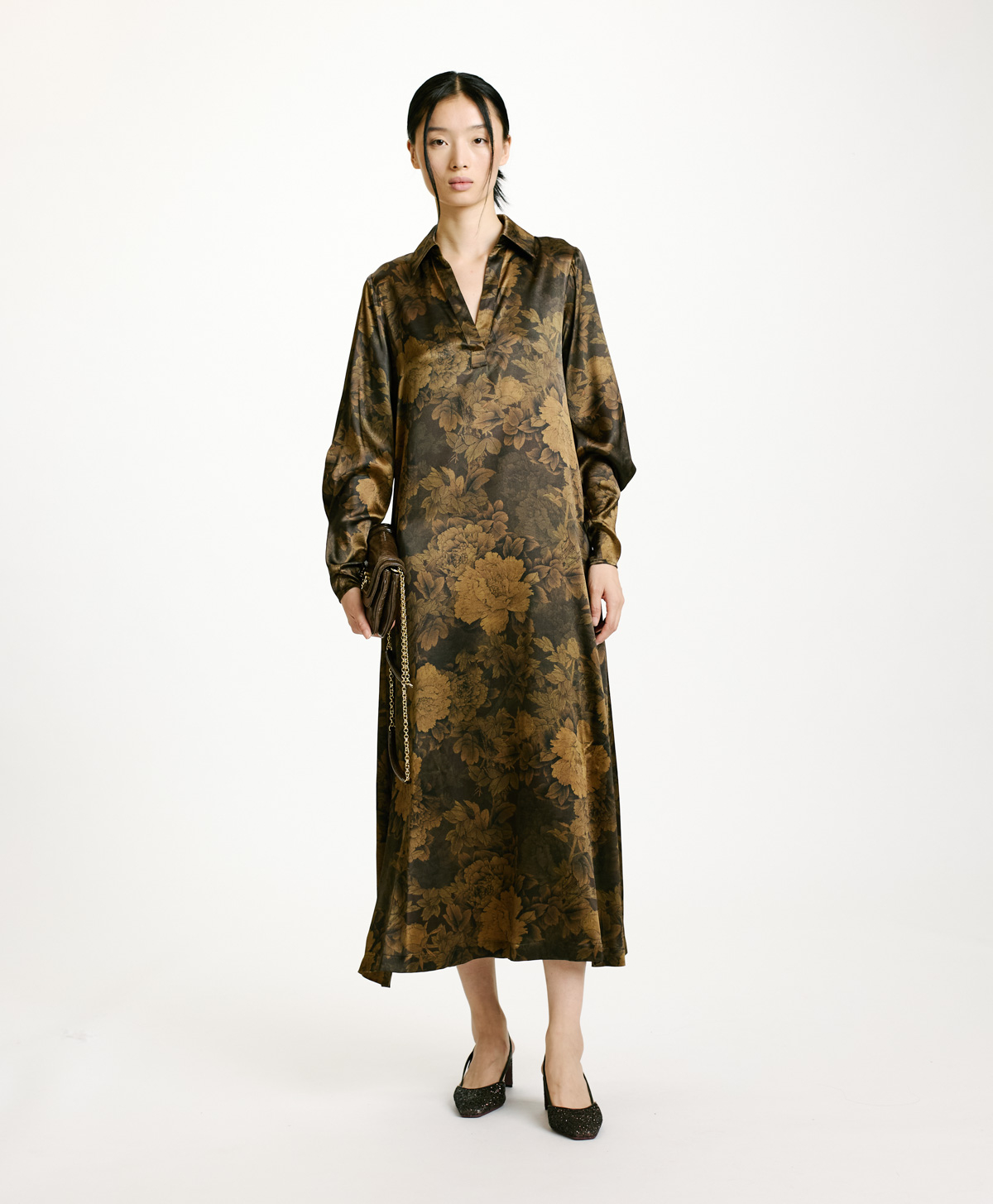 KIKYO DRESS IN PRINTED STRETCH SATIN - BLACK/OLIVE - Momonì