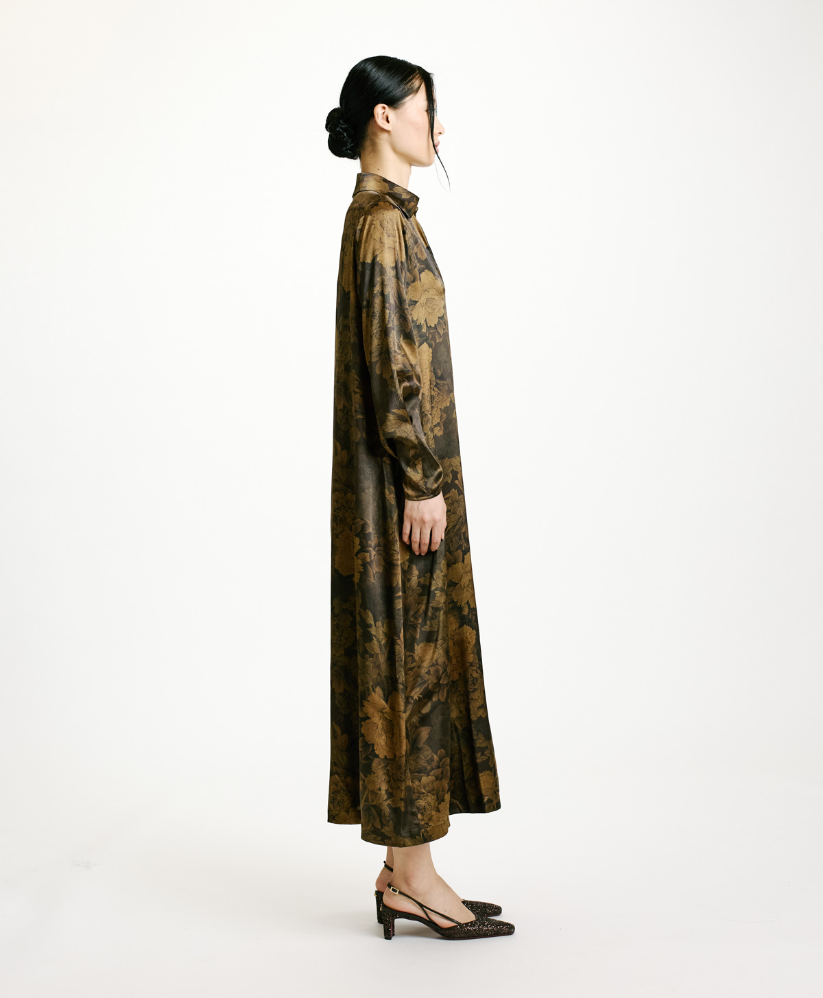 KIKYO DRESS IN PRINTED STRETCH SATIN - BLACK/OLIVE - Momonì
