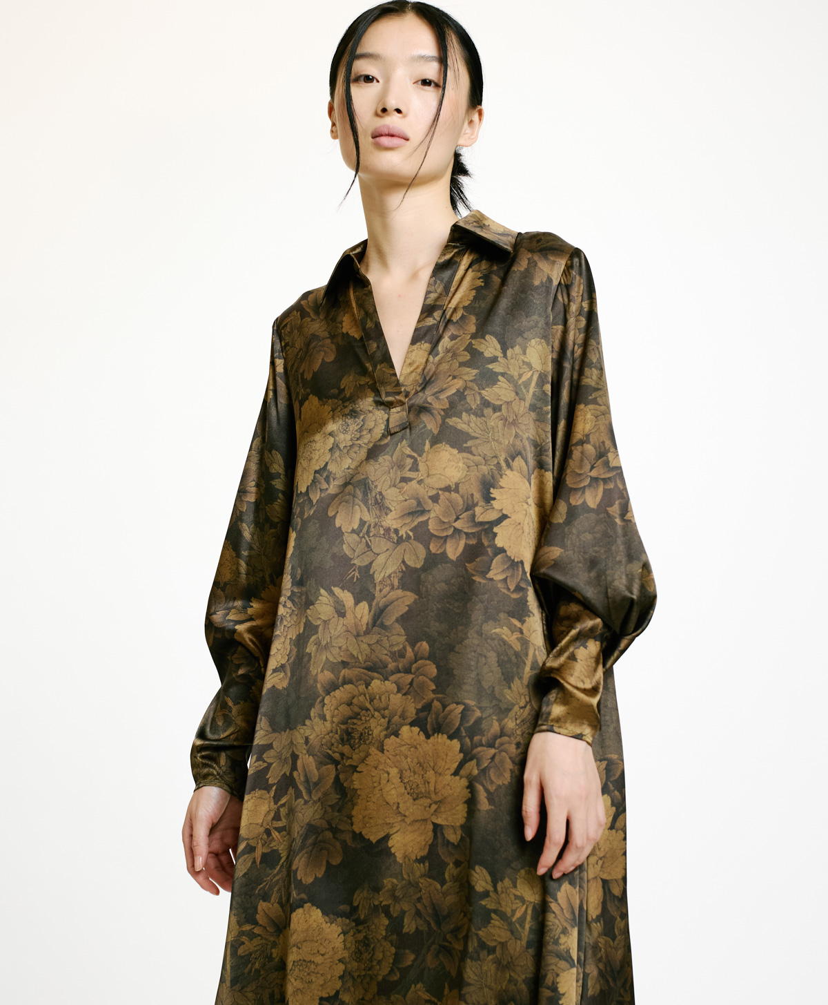 KIKYO DRESS IN PRINTED STRETCH SATIN - BLACK/OLIVE - Momonì