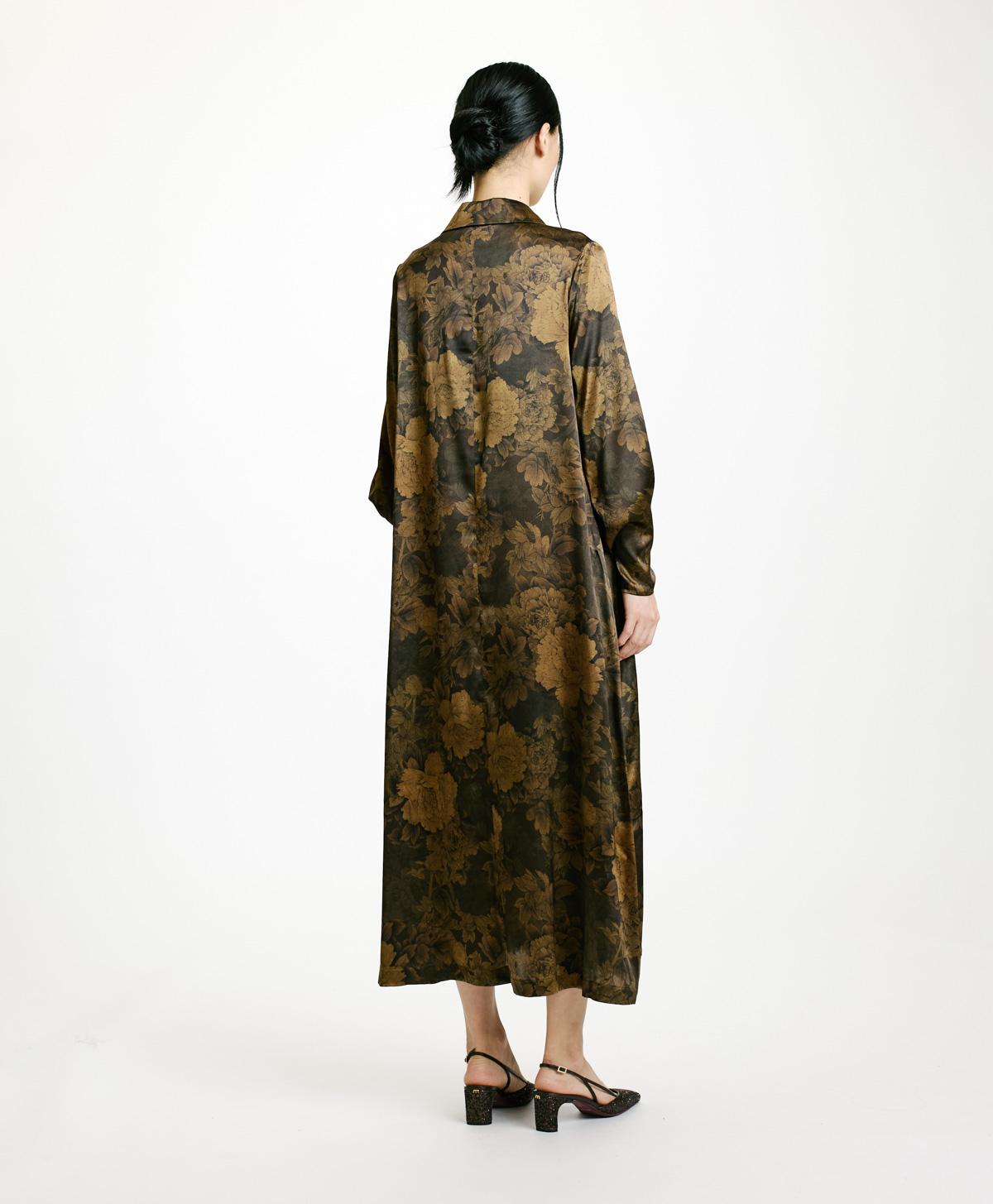 KIKYO DRESS IN PRINTED STRETCH SATIN - BLACK/OLIVE - Momonì