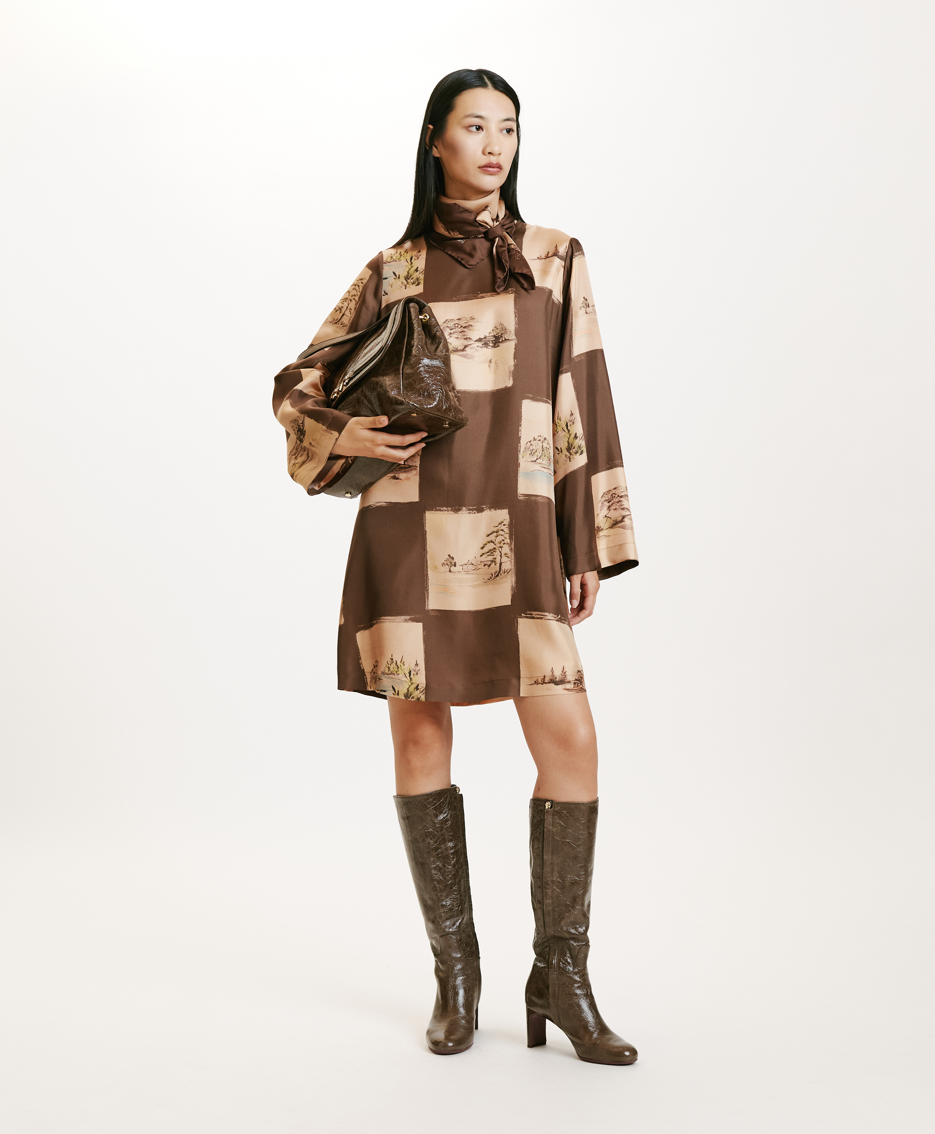 MATCHA DRESS IN PRINTED SILK TWILL - MULTICOLOR COCOA - Momonì