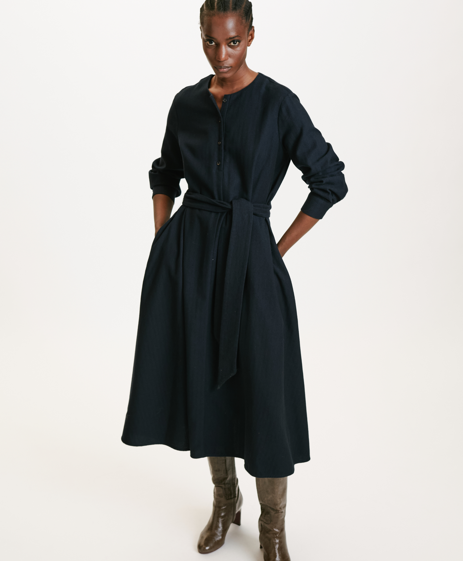 IZUMI DRESS IN CHEVRON COTTON/WOOL - BLUE - Momonì