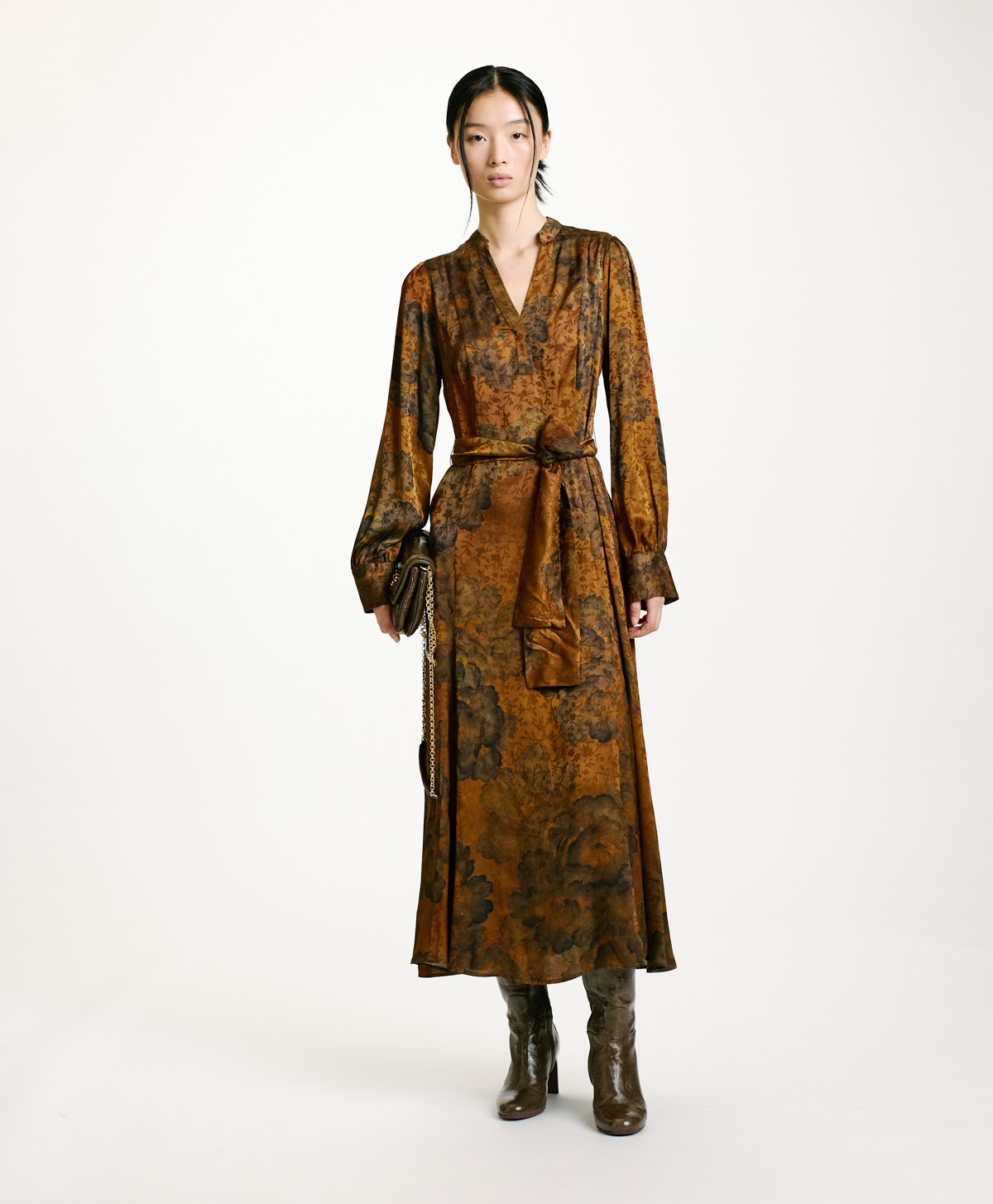 ROBE MIWA EN VISCOSE JACQUARD IMPRIMÉE - TABAC/OLIVE - Momonì