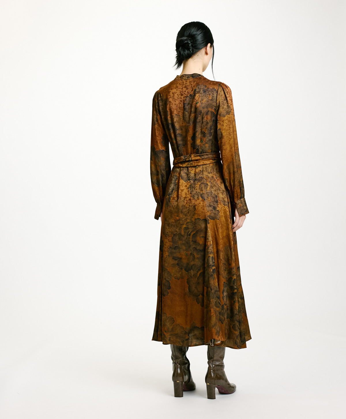 ROBE MIWA EN VISCOSE JACQUARD IMPRIMÉE - TABAC/OLIVE - Momonì