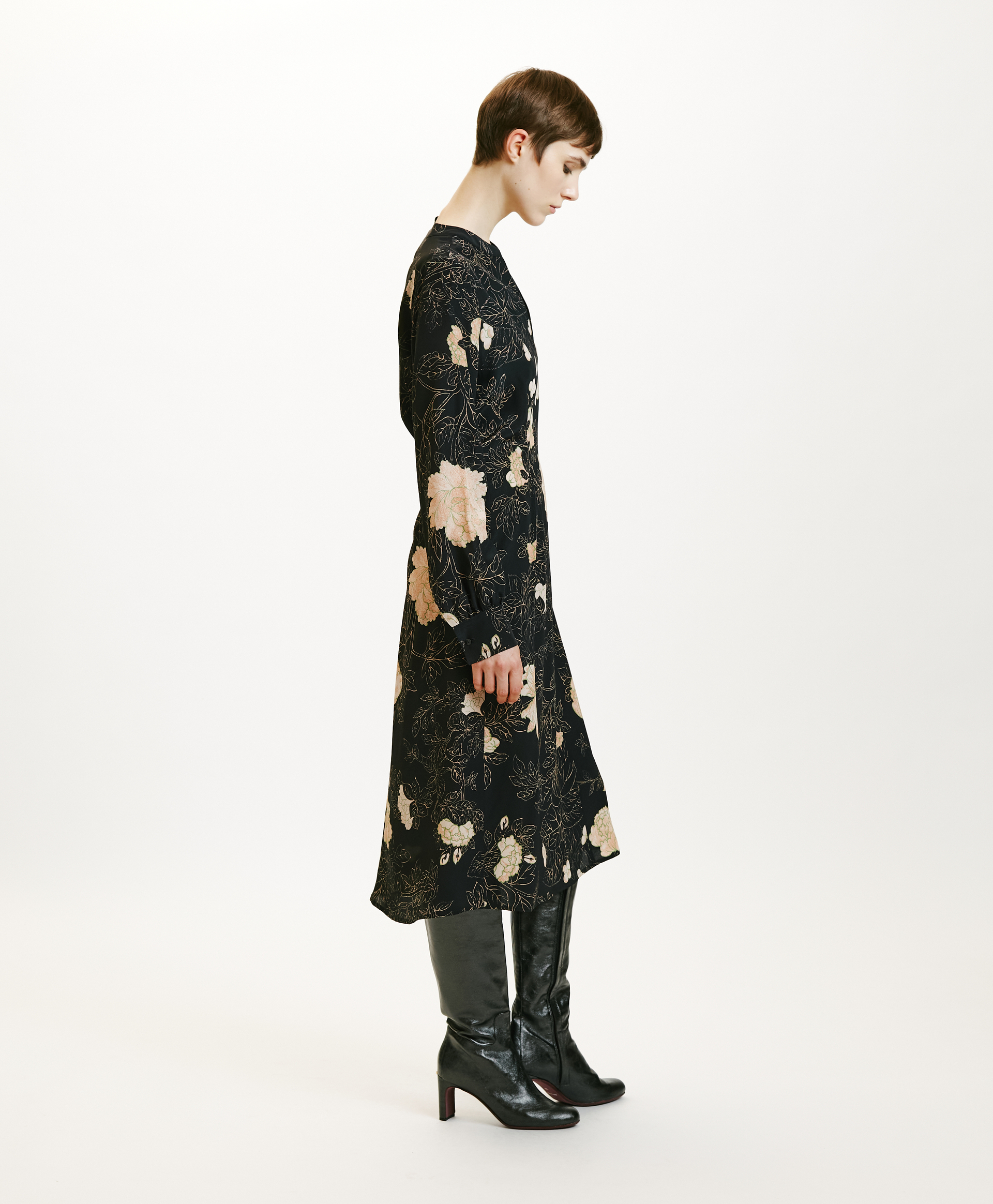 ROBE WANI EN CRÊPE DE CHINE IMPRIMÉ - NOIR/ROSE POUDRÉ - Momonì