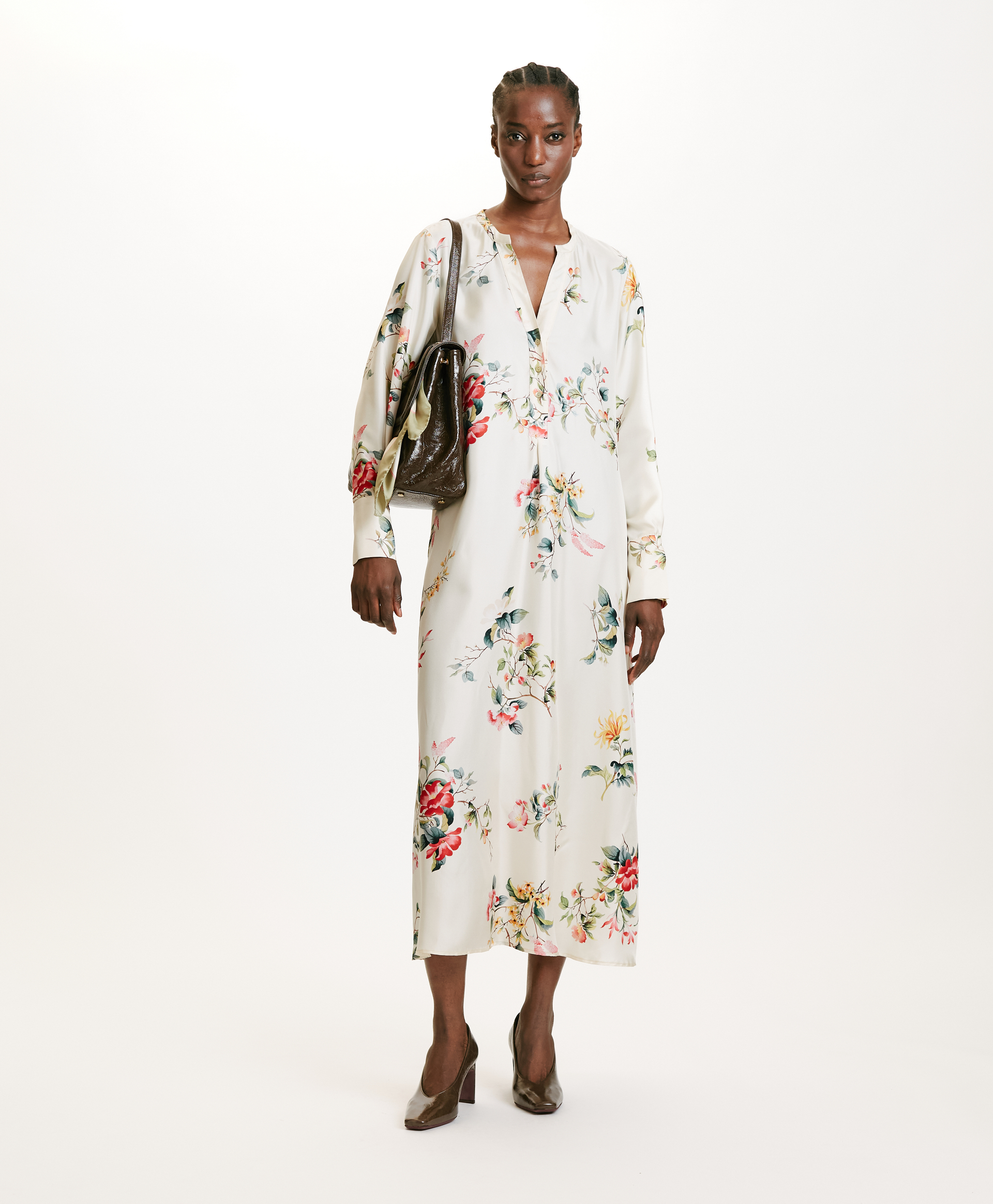 ROBE YUI EN SERGÉ DE SOIE IMPRIMÉ - CRÈME/ROUGE - Momonì