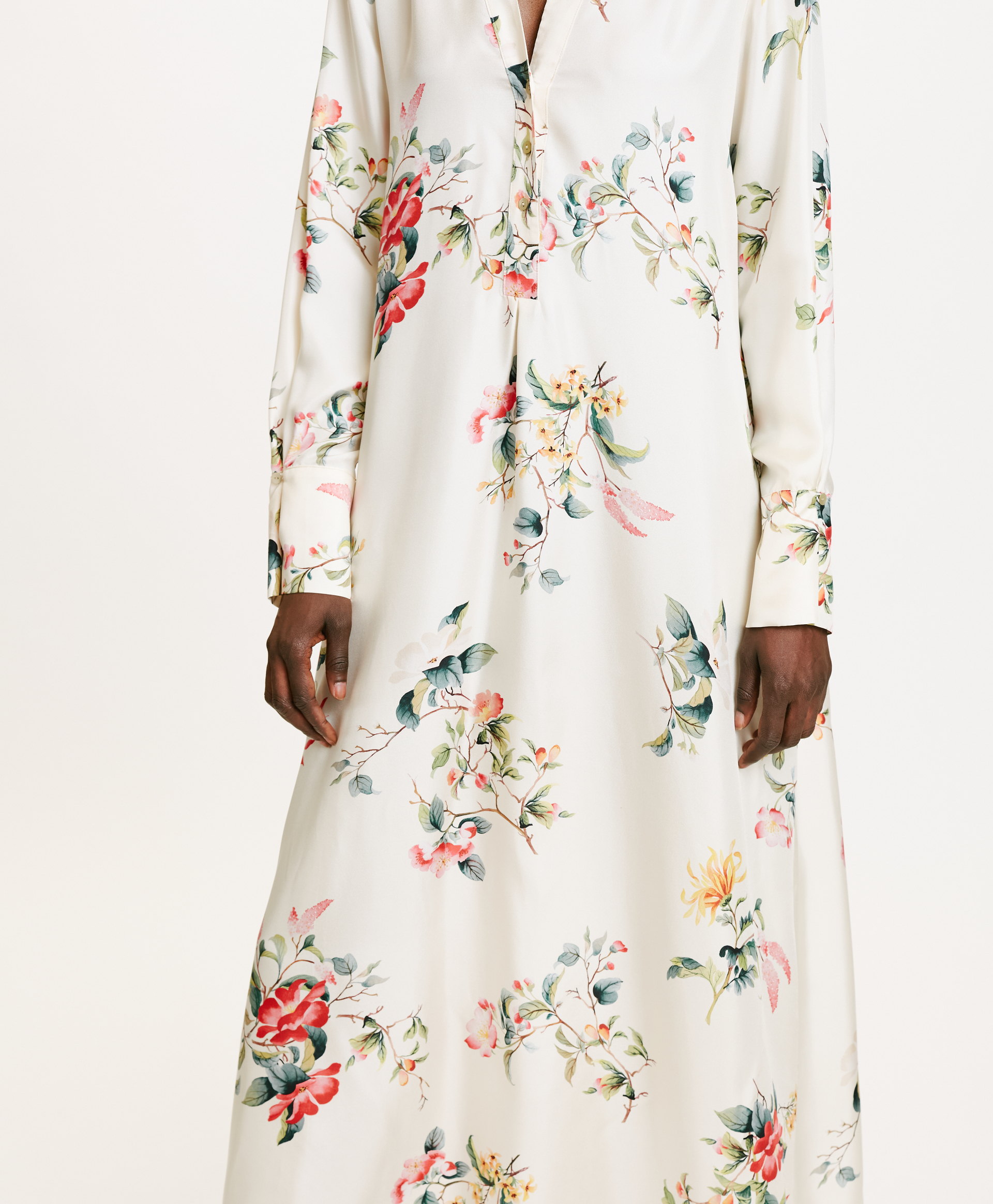 ROBE YUI EN SERGÉ DE SOIE IMPRIMÉ - CRÈME/ROUGE - Momonì
