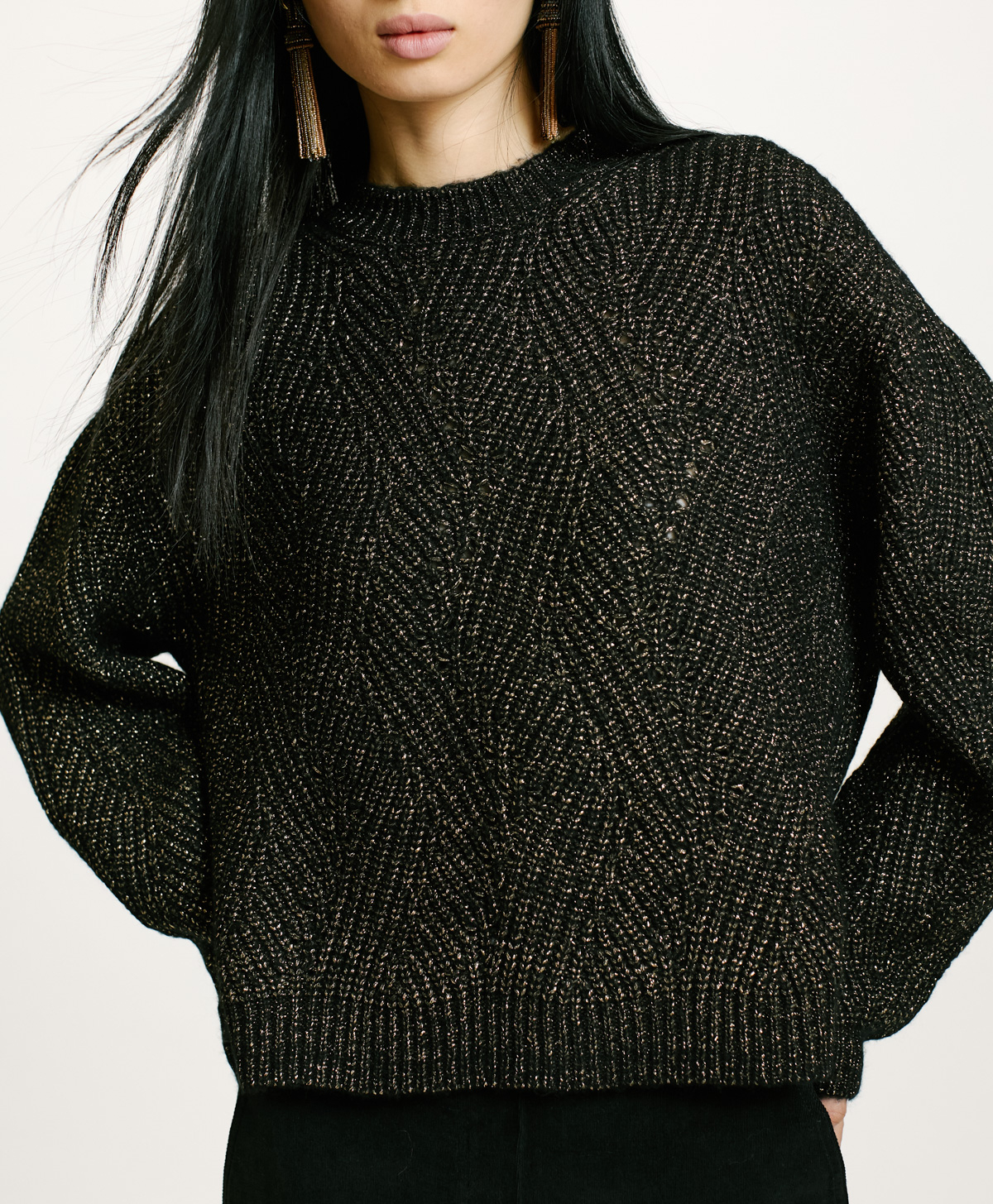 WOOL-LUREX OITA SWEATER IN CABLE RIB STITCH - BLACK - Momonì