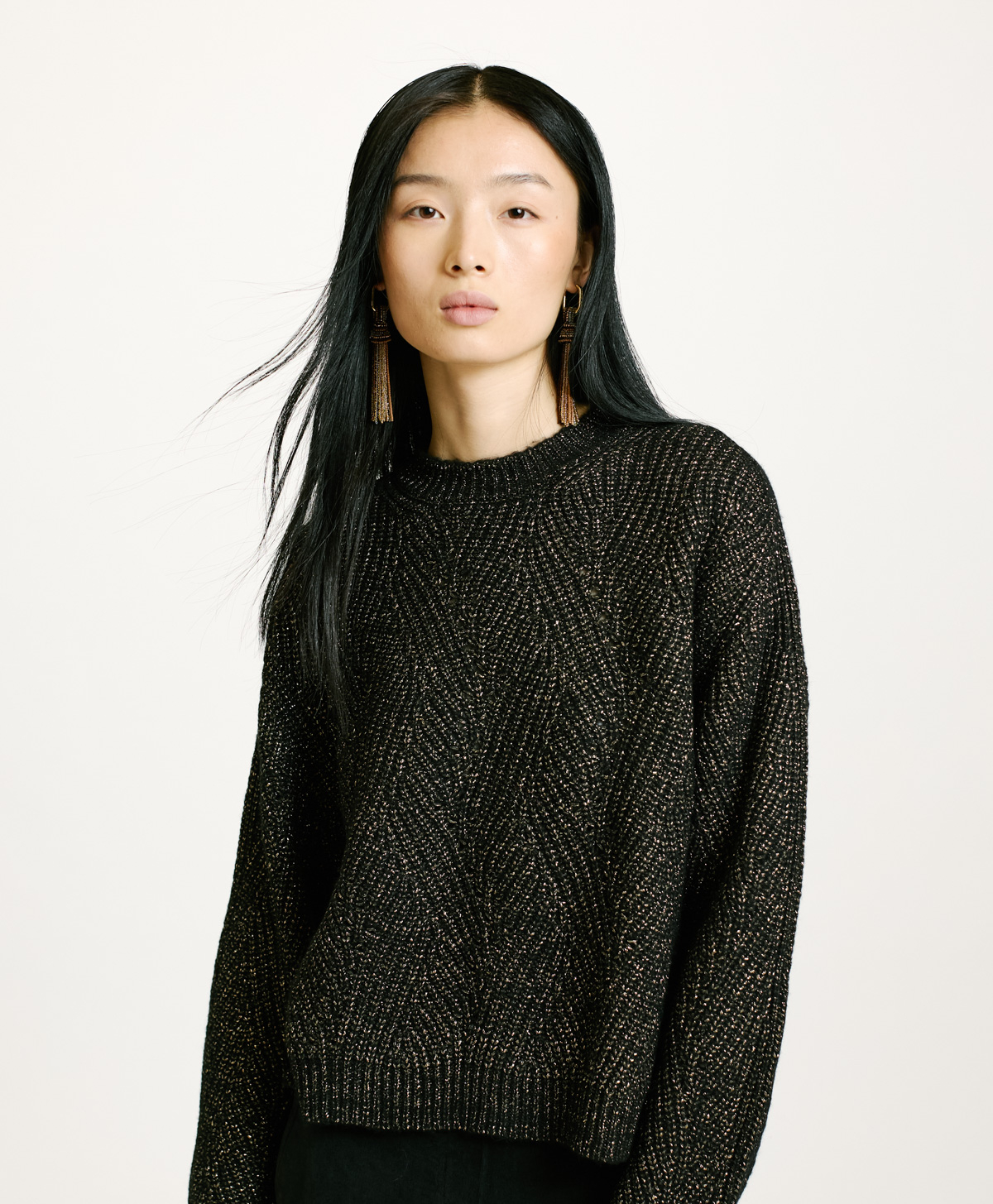 WOOL-LUREX OITA SWEATER IN CABLE RIB STITCH - BLACK - Momonì