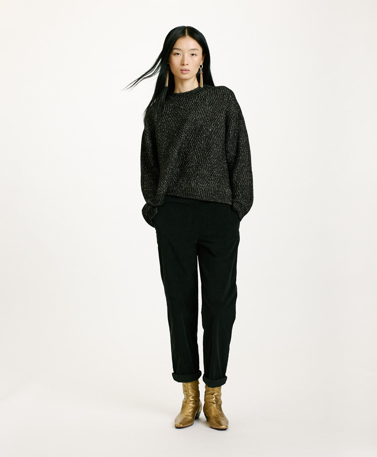 WOOL-LUREX OITA SWEATER IN CABLE RIB STITCH - BLACK - Momonì