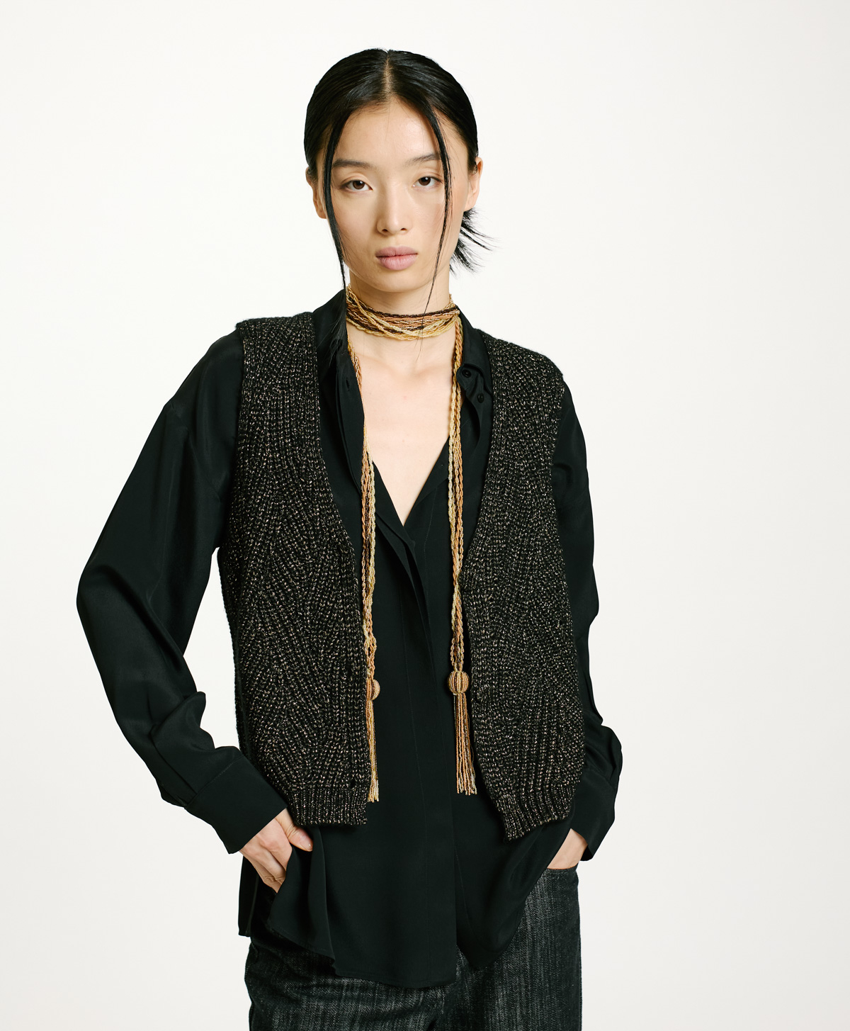 WOOL-LUREX HIDARI SWEATER IN CABLE RIB STITCH - BLACK - Momonì