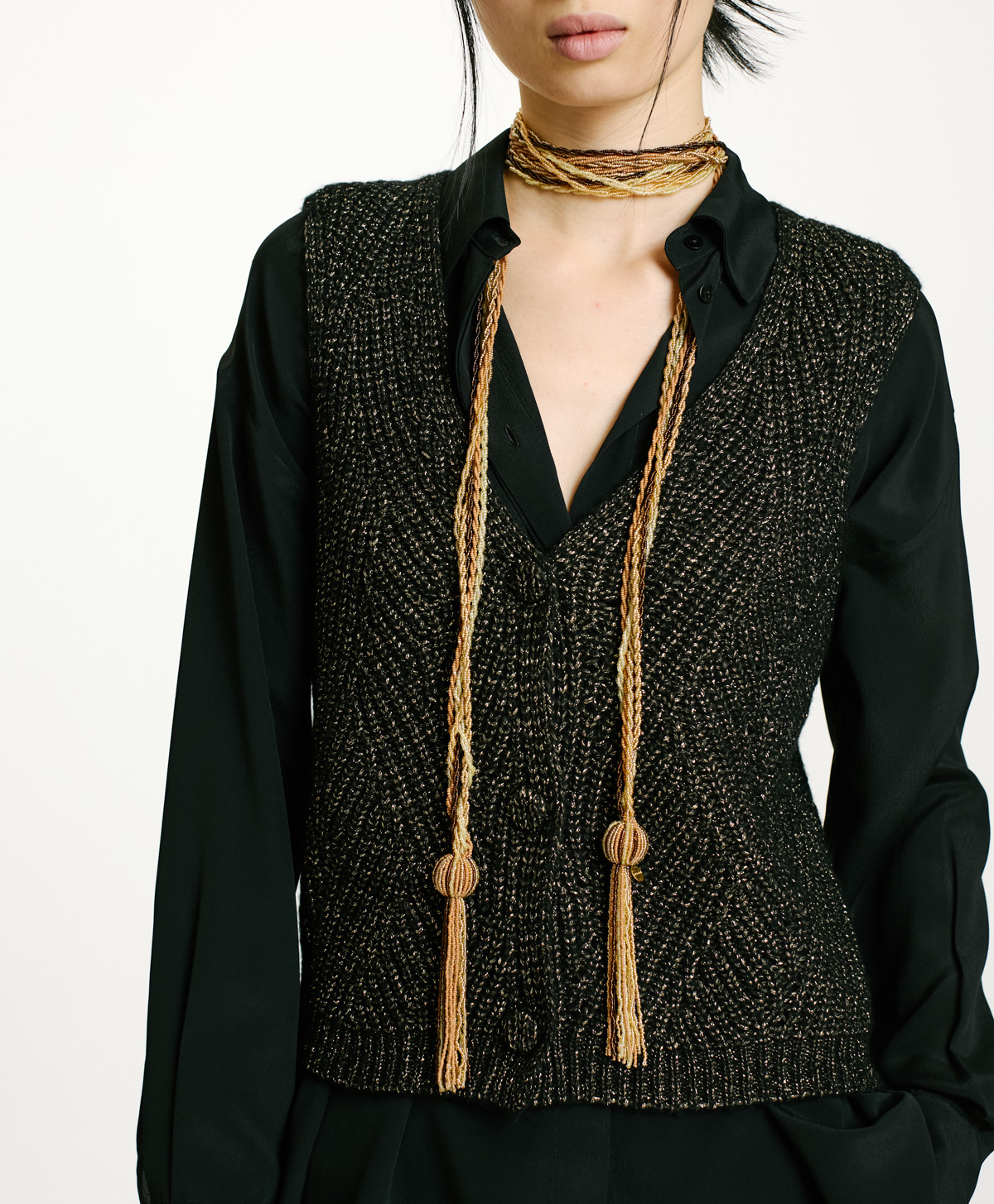 WOOL-LUREX HIDARI SWEATER IN CABLE RIB STITCH - BLACK - Momonì