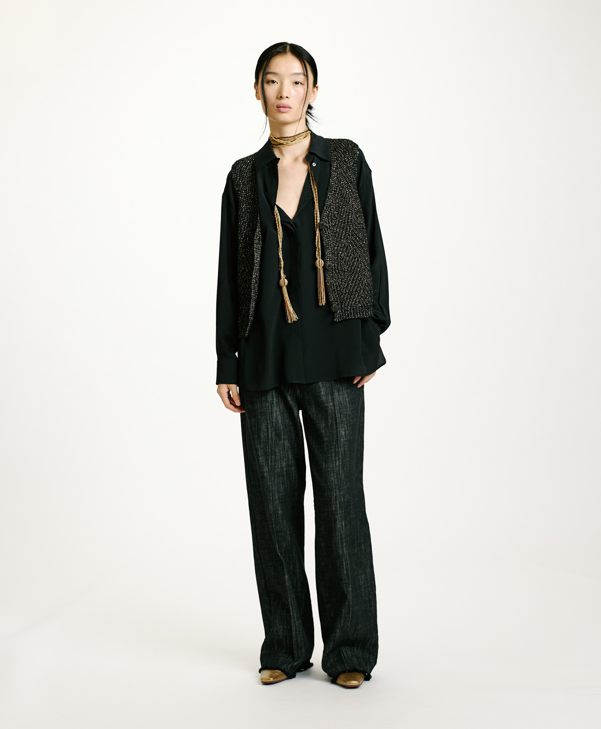 WOOL-LUREX HIDARI SWEATER IN CABLE RIB STITCH - BLACK - Momonì