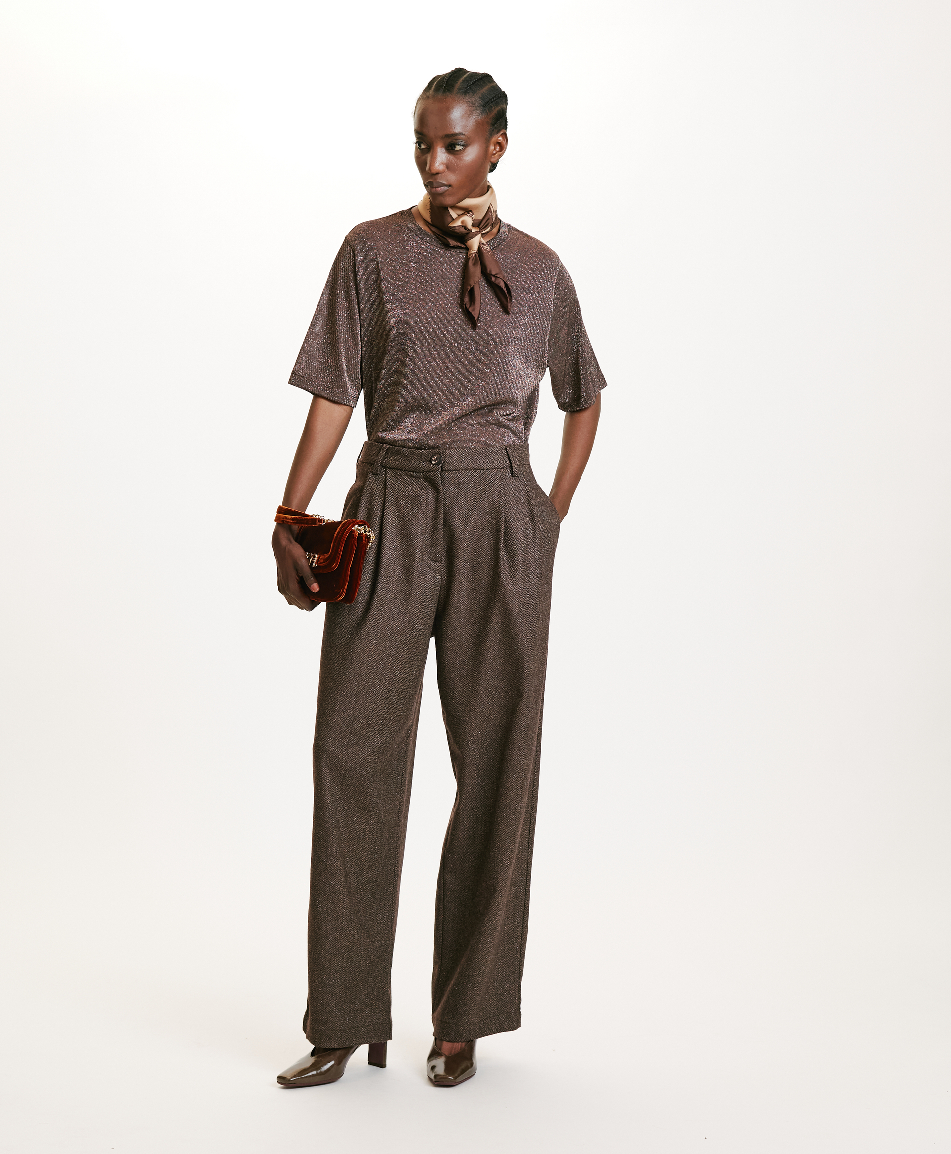 ADAM PANTS IN TWO-TONE CHEVRON WOOL BLEND - MAHOGANY/ALMOND - Momonì
