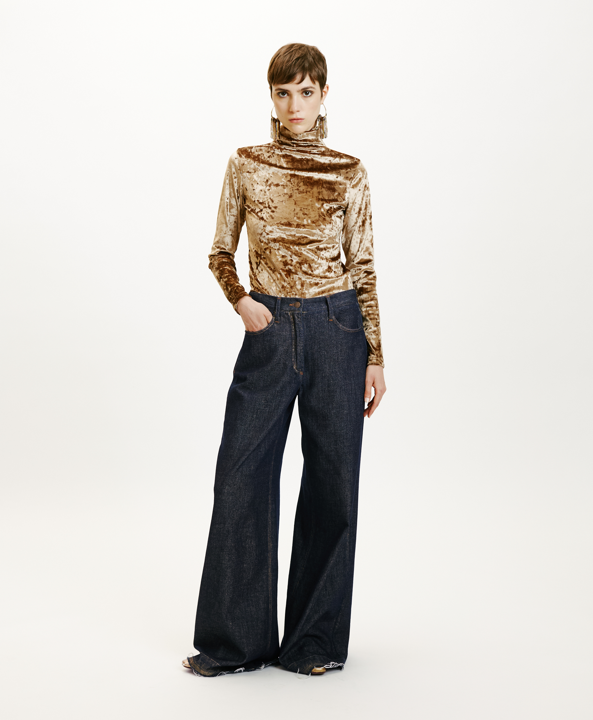 AOKI PANTS IN LAMINATED DENIM - BLUE/GOLD - Momonì