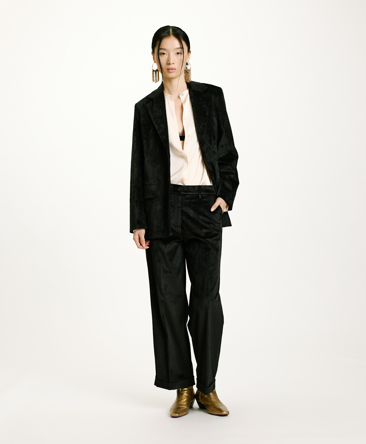 PANTALON DANGO EN VELOURS CÔTELÉ STRETCH - NOIR - Momonì