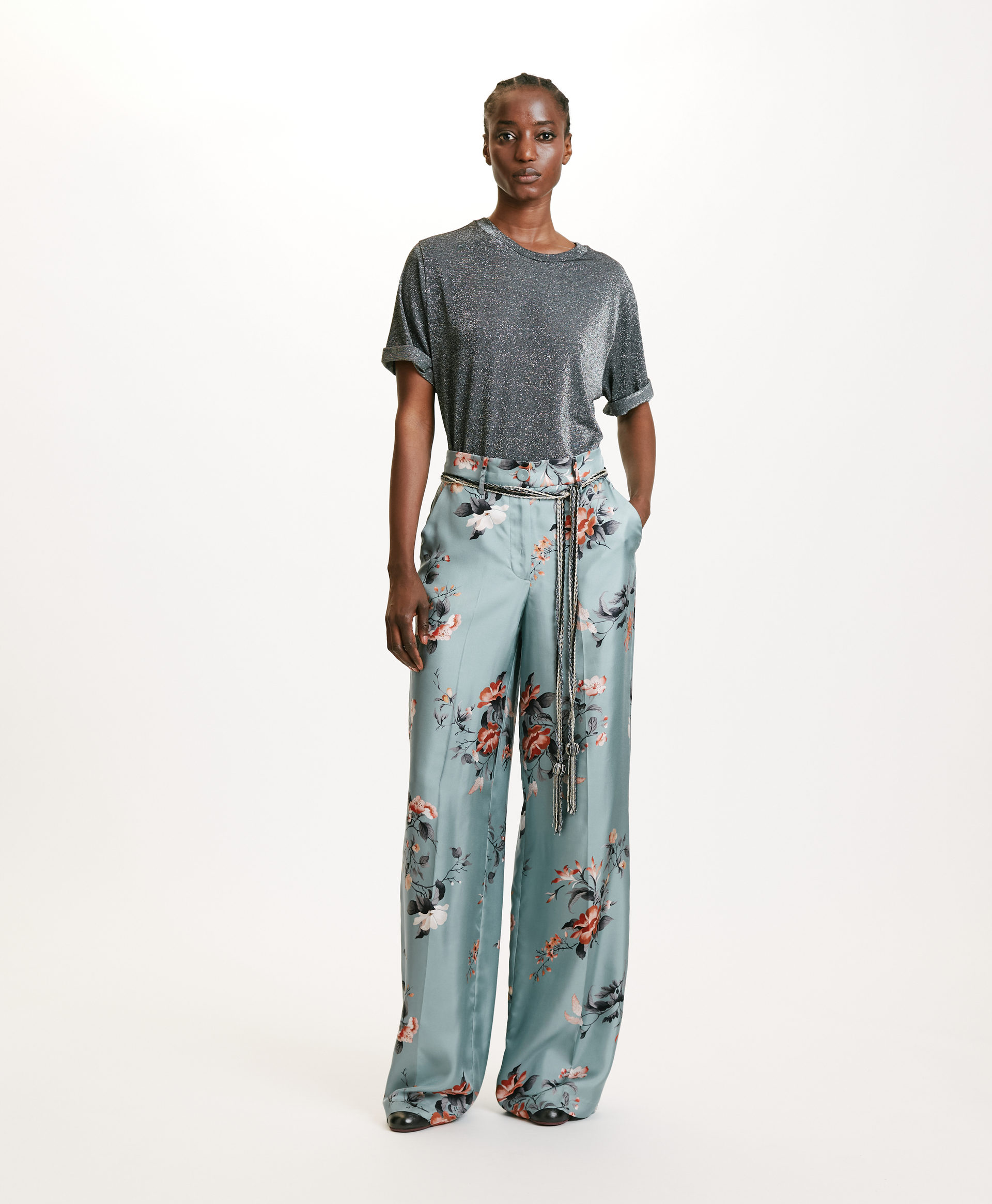 PANTALONI SANSEI IN TWILL DI SETA STAMPATO - AZZURRO/TABACCO - Momonì
