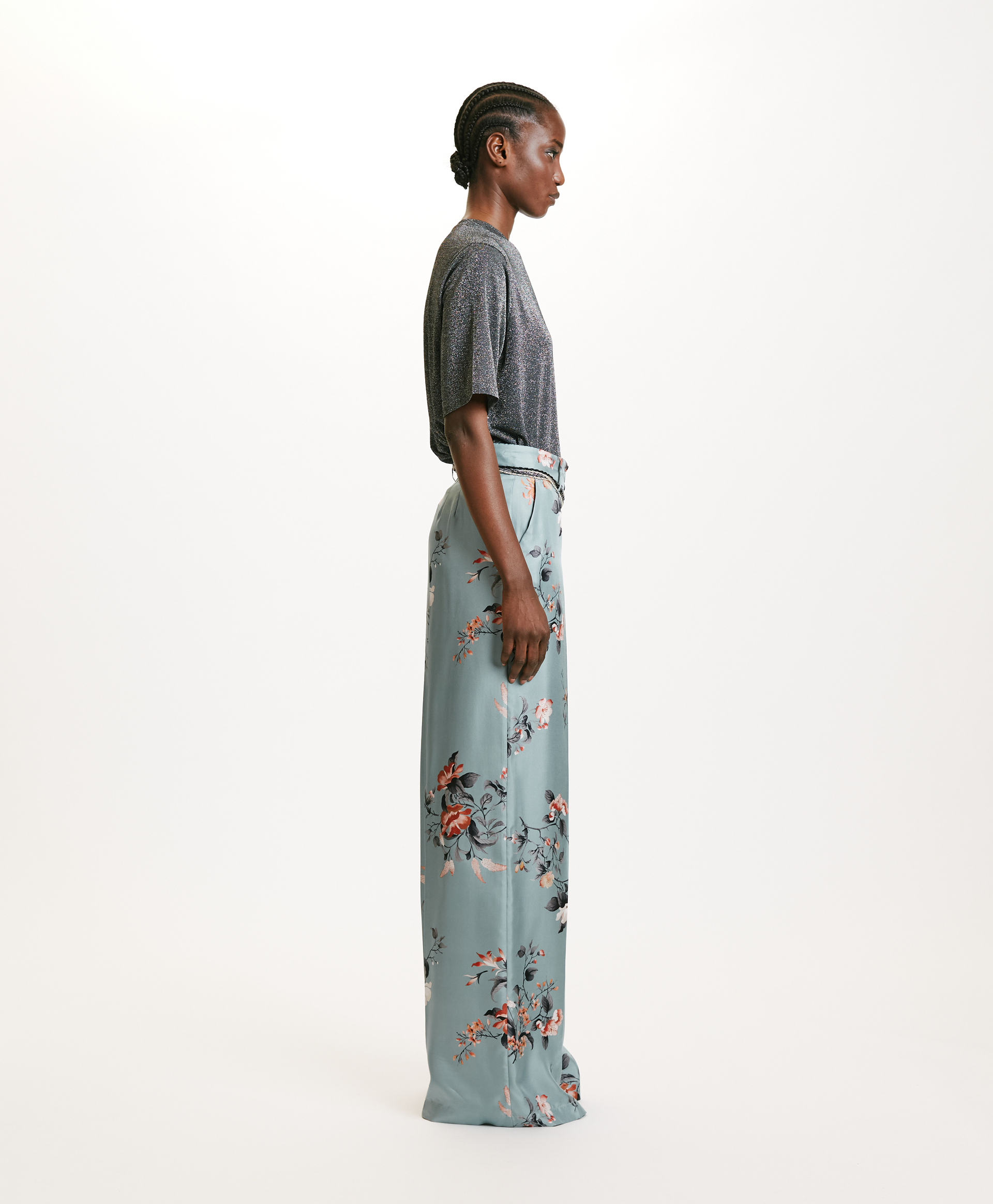 PANTALONI SANSEI IN TWILL DI SETA STAMPATO - AZZURRO/TABACCO - Momonì