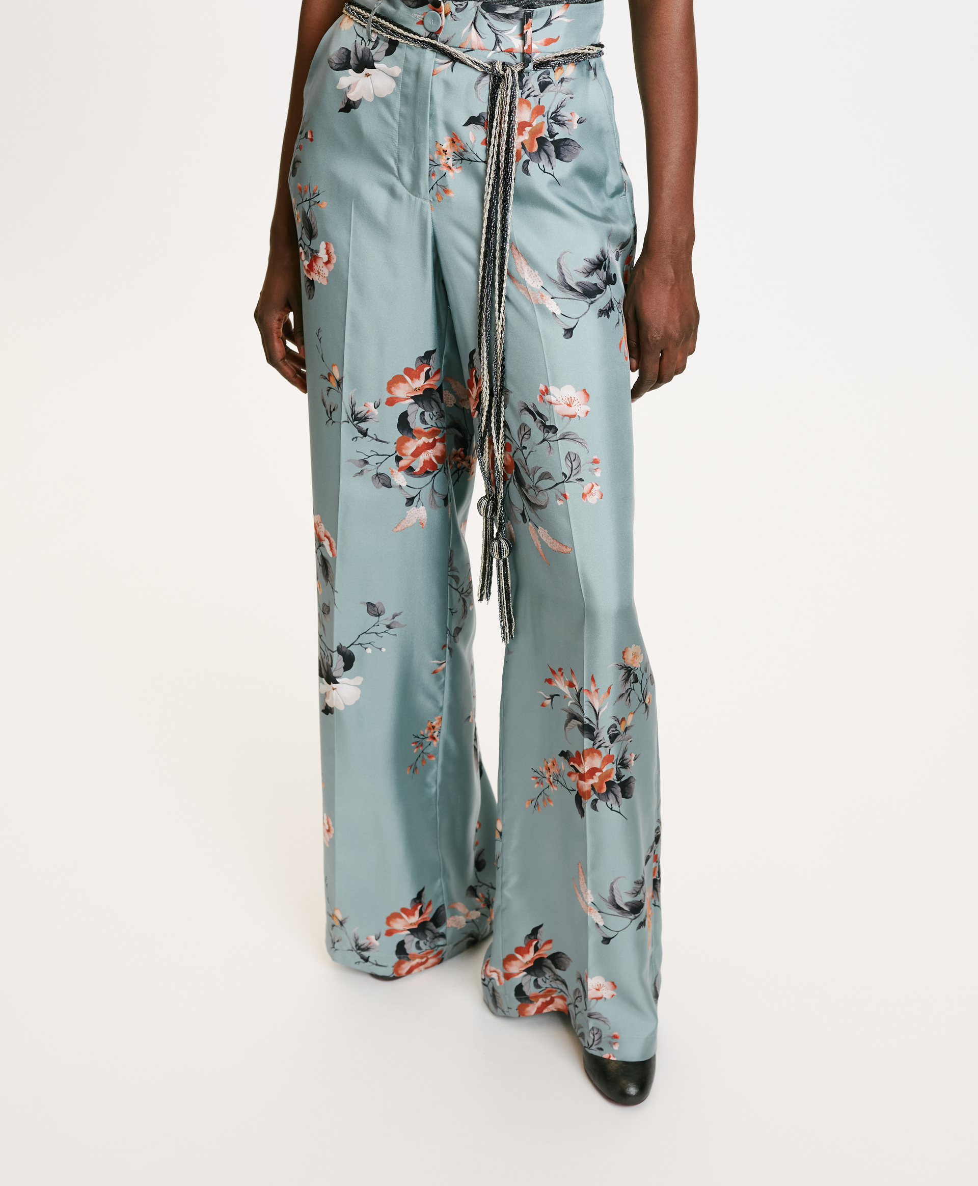 PANTALONI SANSEI IN TWILL DI SETA STAMPATO - AZZURRO/TABACCO - Momonì