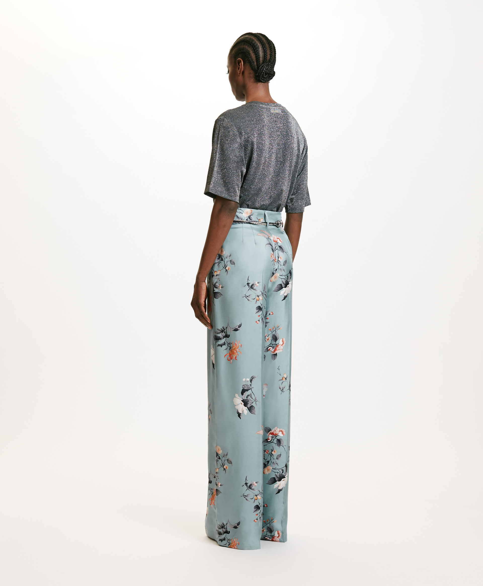 PANTALONI SANSEI IN TWILL DI SETA STAMPATO - AZZURRO/TABACCO - Momonì