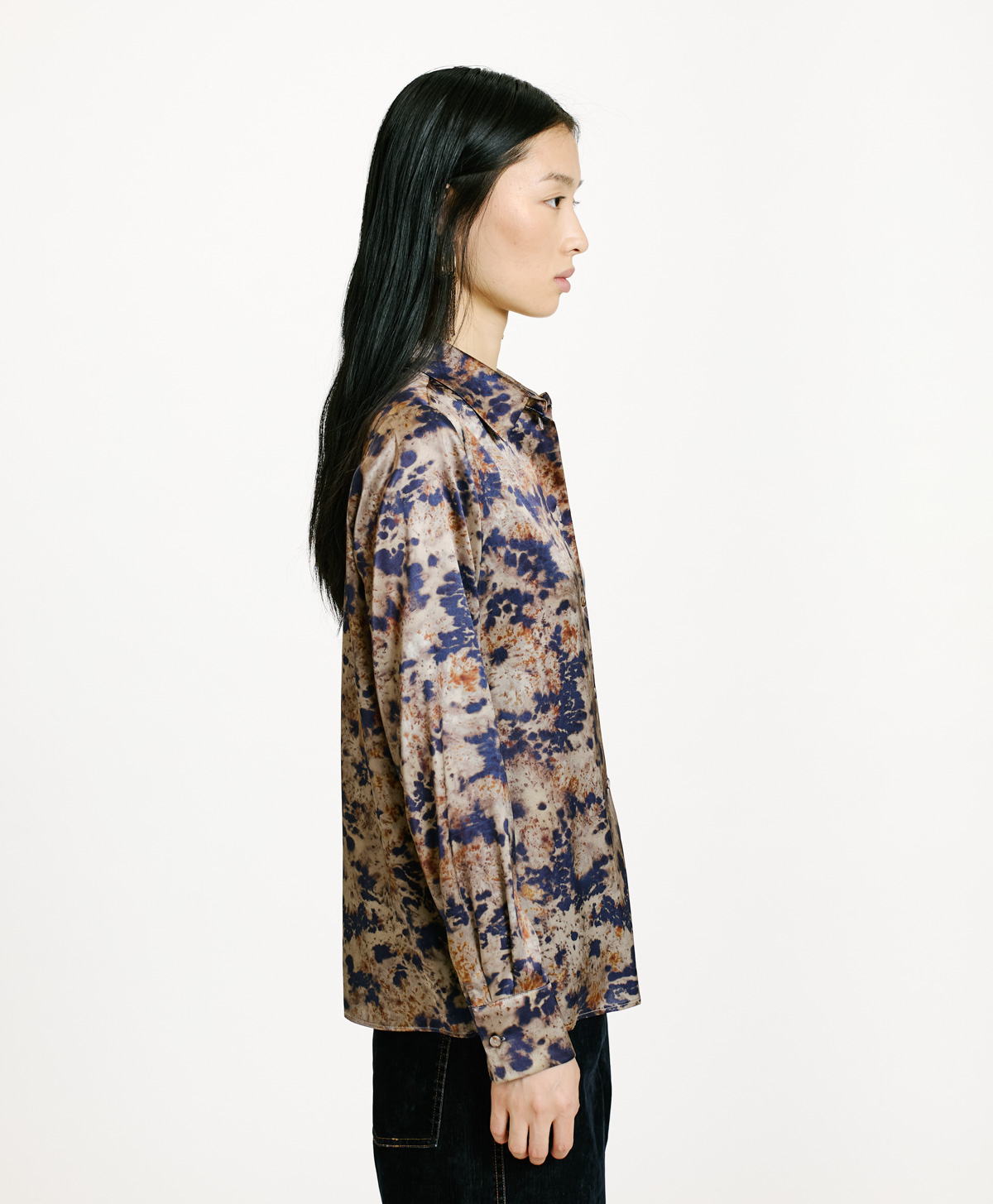 SIMON SHIRT IN PRINTED STRETCH SATIN - MUD/BLUE - Momonì