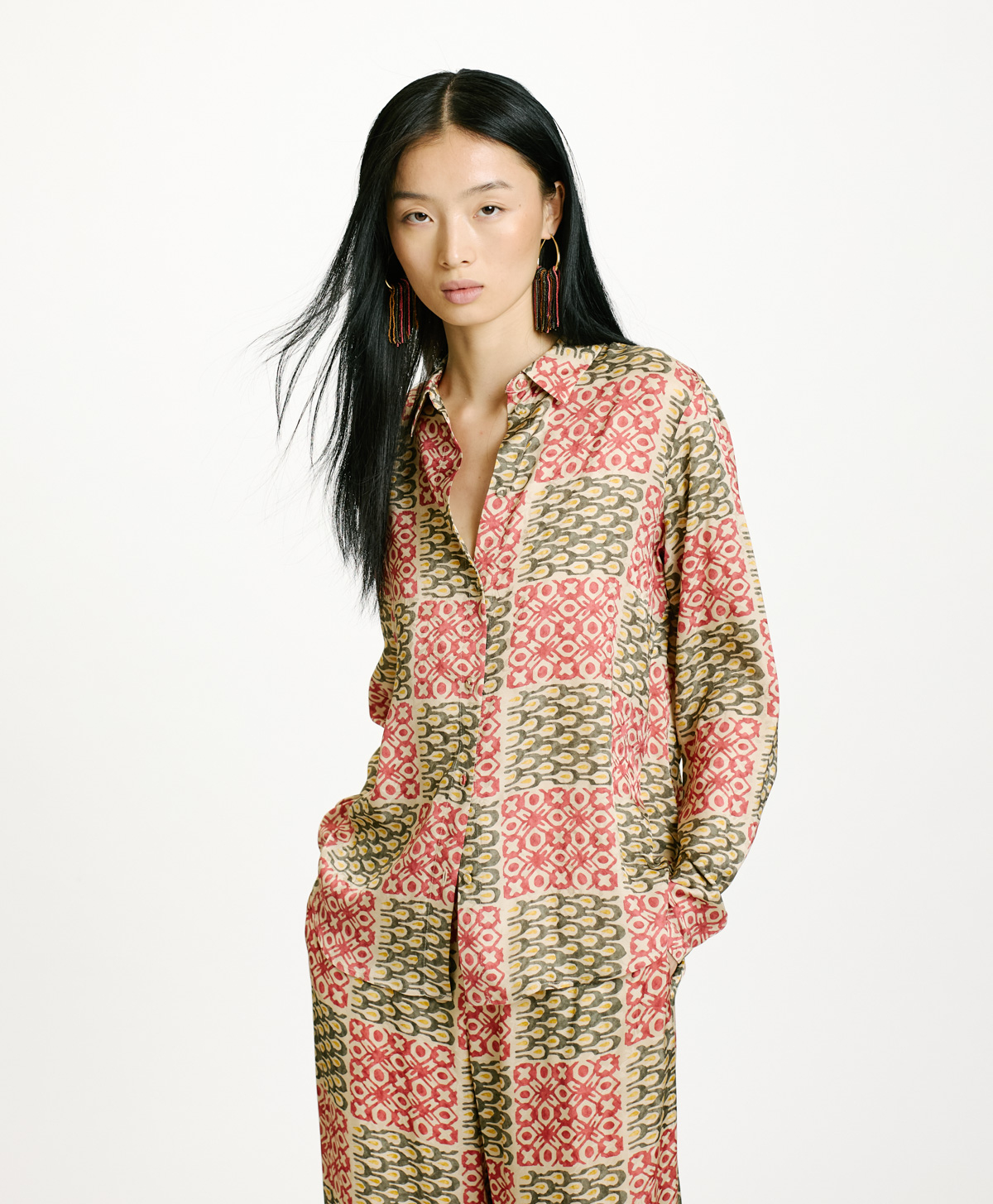 MEUDON SHIRT IN PRINTED JACQUARD VISCOSE - ARMY/CORAL - Momonì