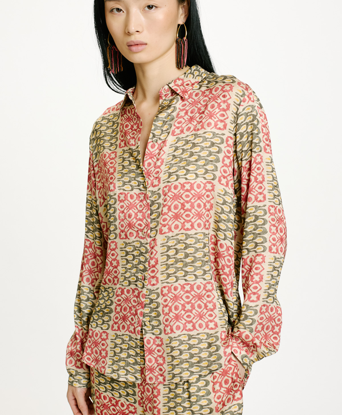 MEUDON SHIRT IN PRINTED JACQUARD VISCOSE - ARMY/CORAL - Momonì