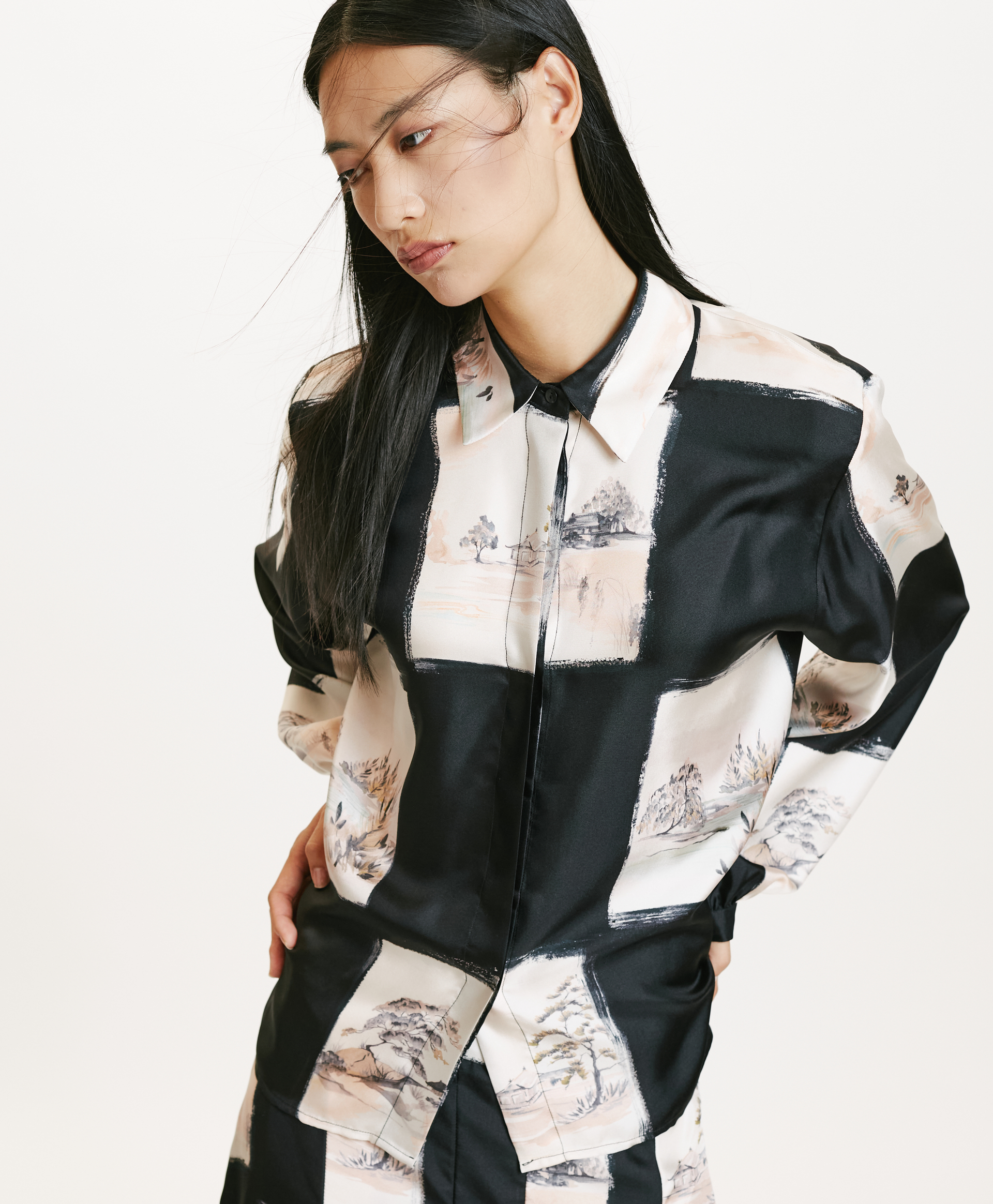 ICHIGO SHIRT IN PRINTED SILK TWILL - MULTICOLOR BLACK - Momonì